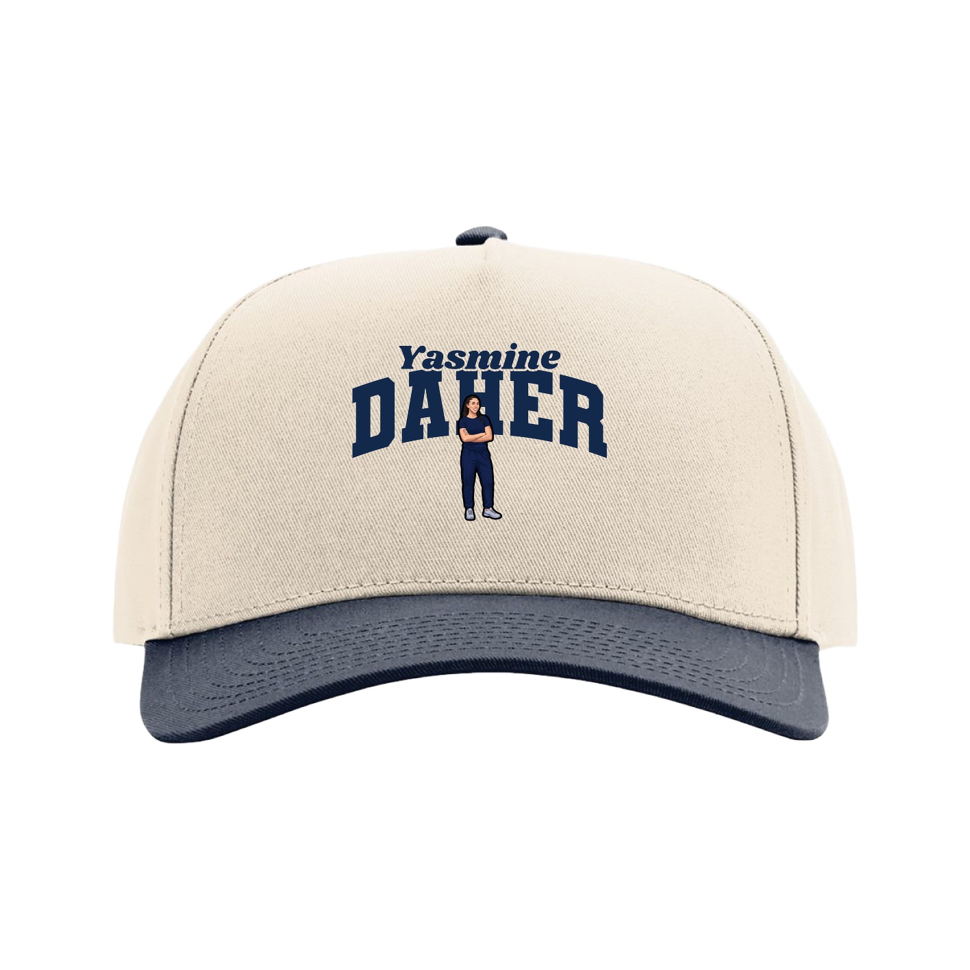 Full Fabric Five-Panel Champ Cap — Signature Arch in Cream/Navy