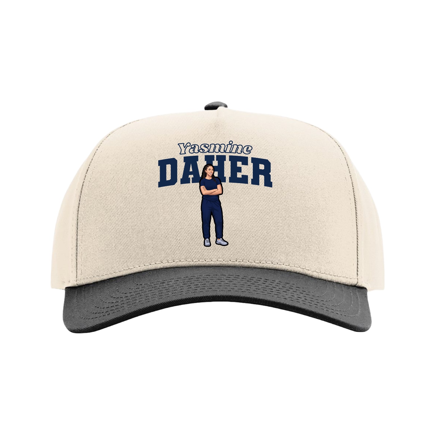 Full Fabric Five-Panel Champ Cap — Name Arch in Cream/Black