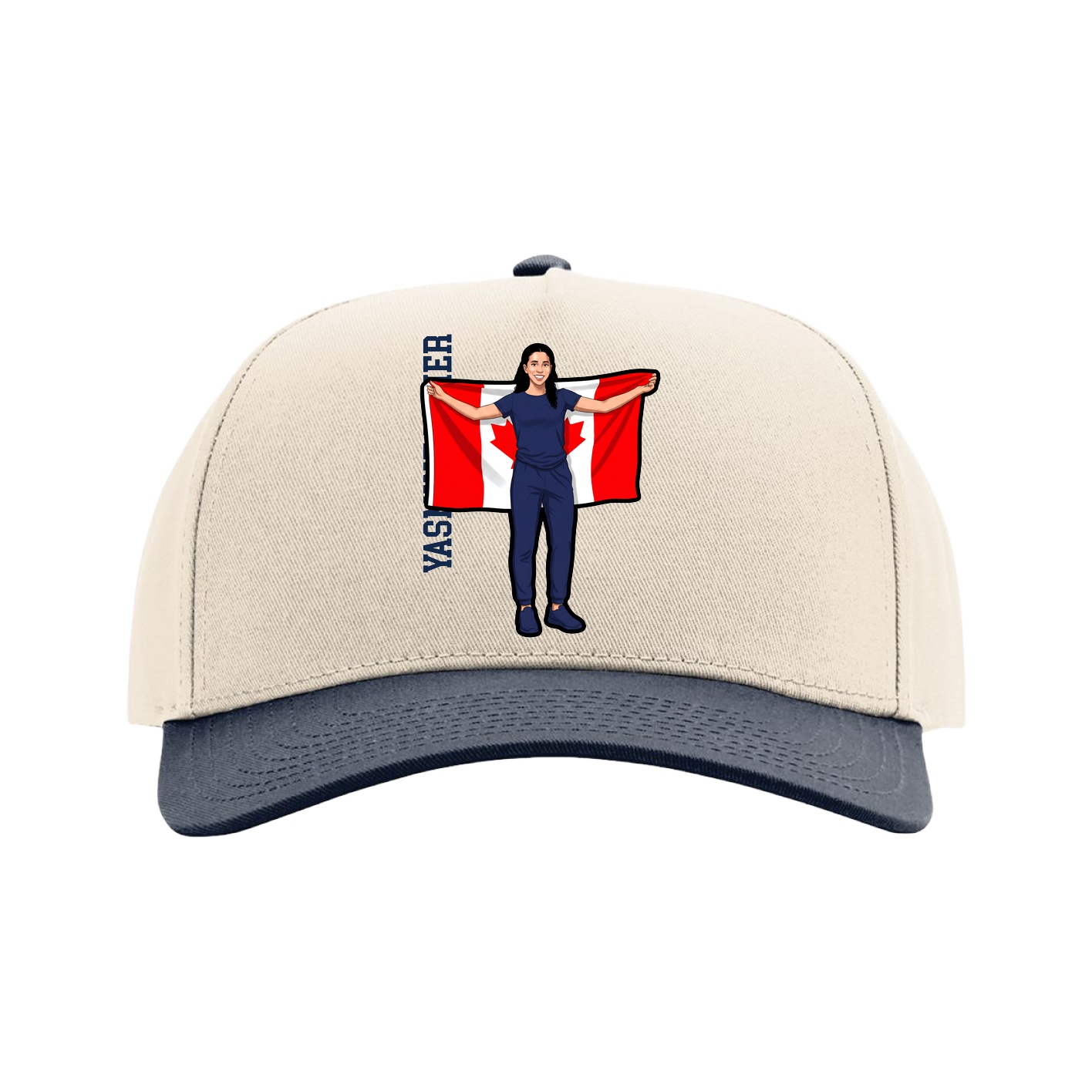 Full Fabric Five-Panel Champ Cap — Name Vertical in Cream/Navy