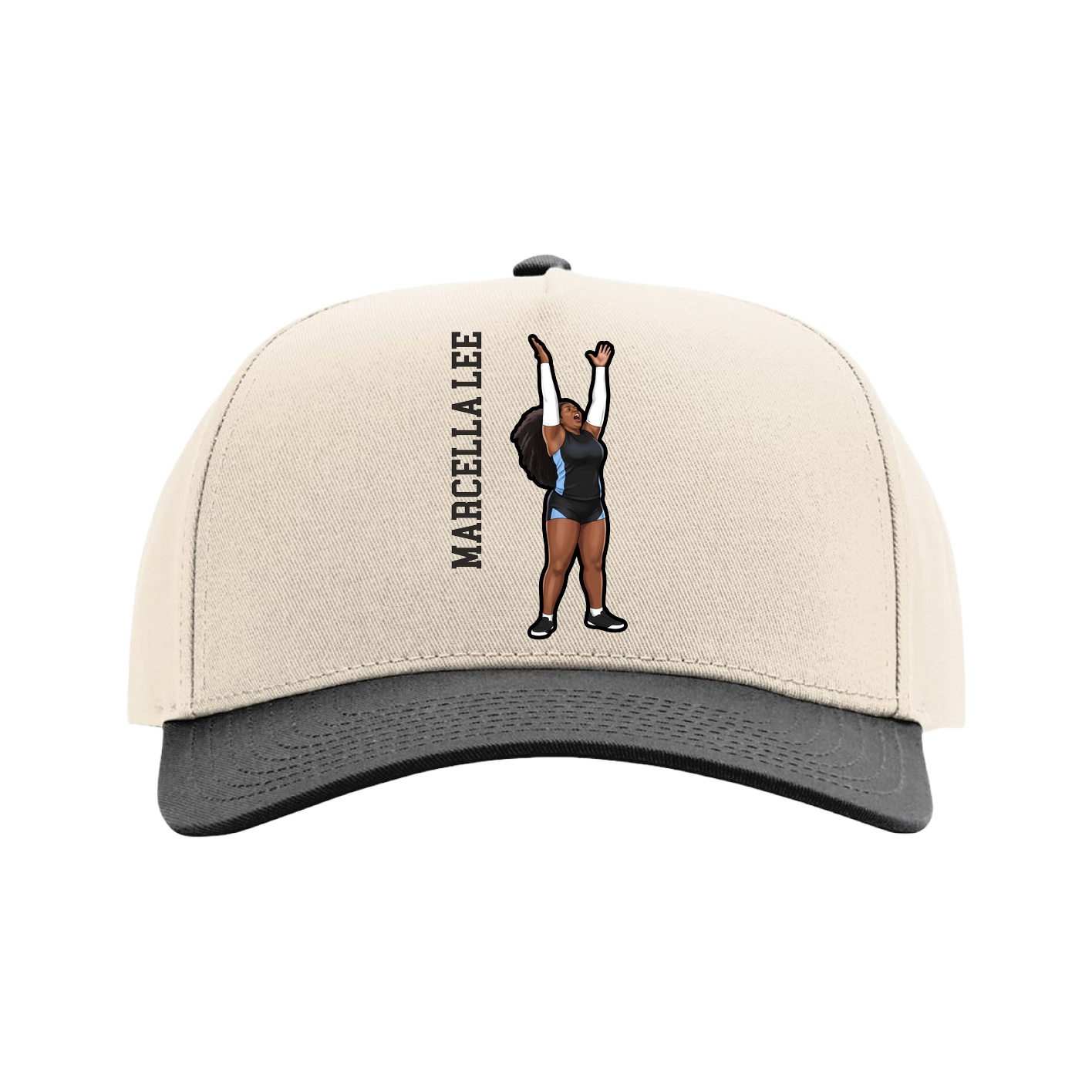 Full Fabric Five-Panel Champ Cap — Name Vertical in Cream/Black