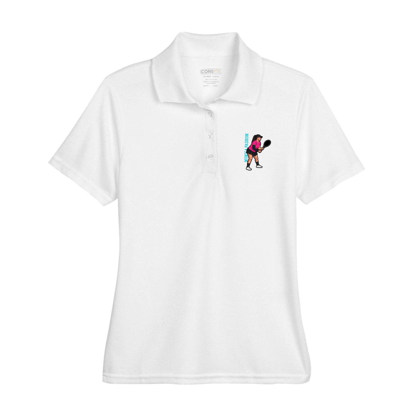 Womens Performance Polo — Name Vertical in White