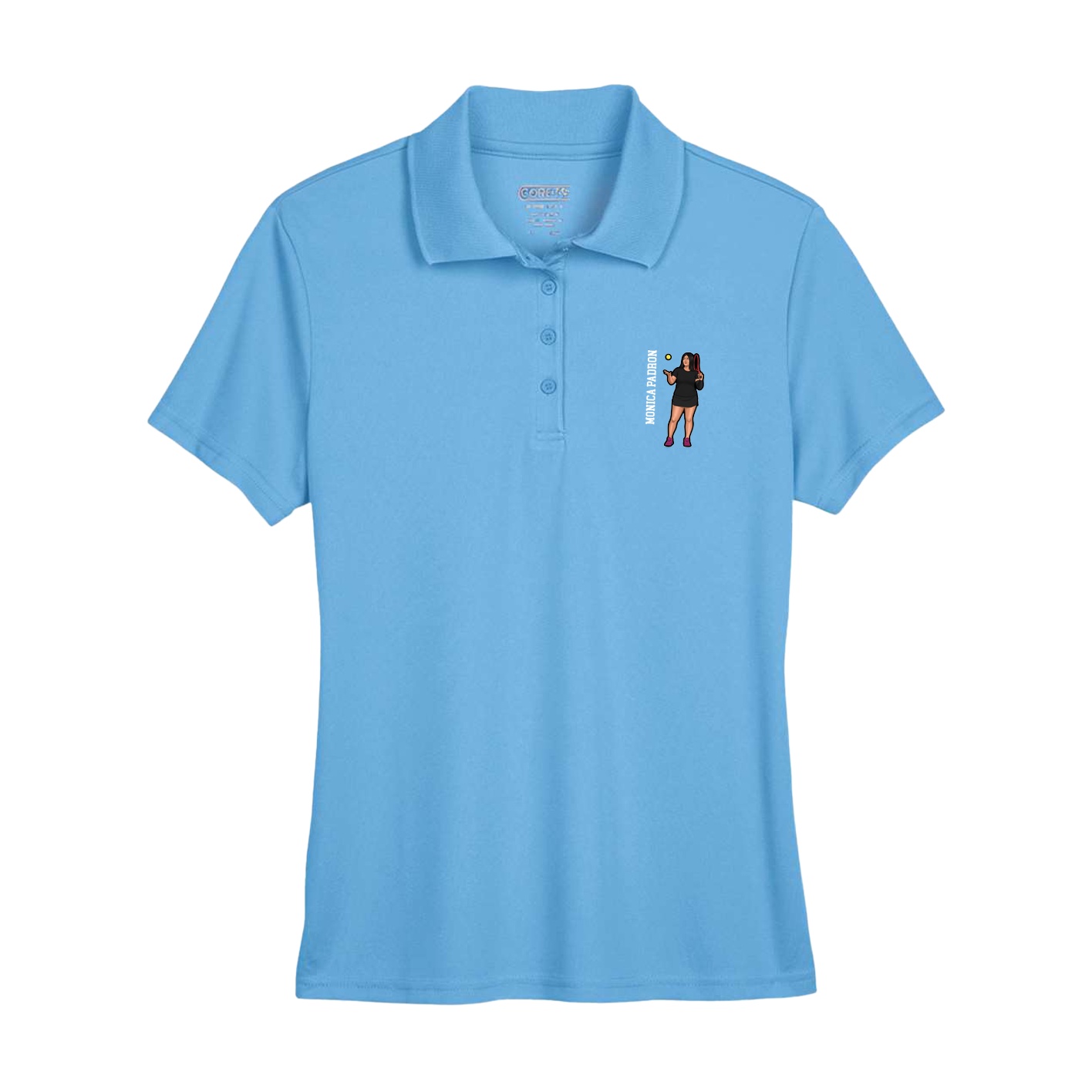Womens Performance Polo — Name Vertical in Powder Blue