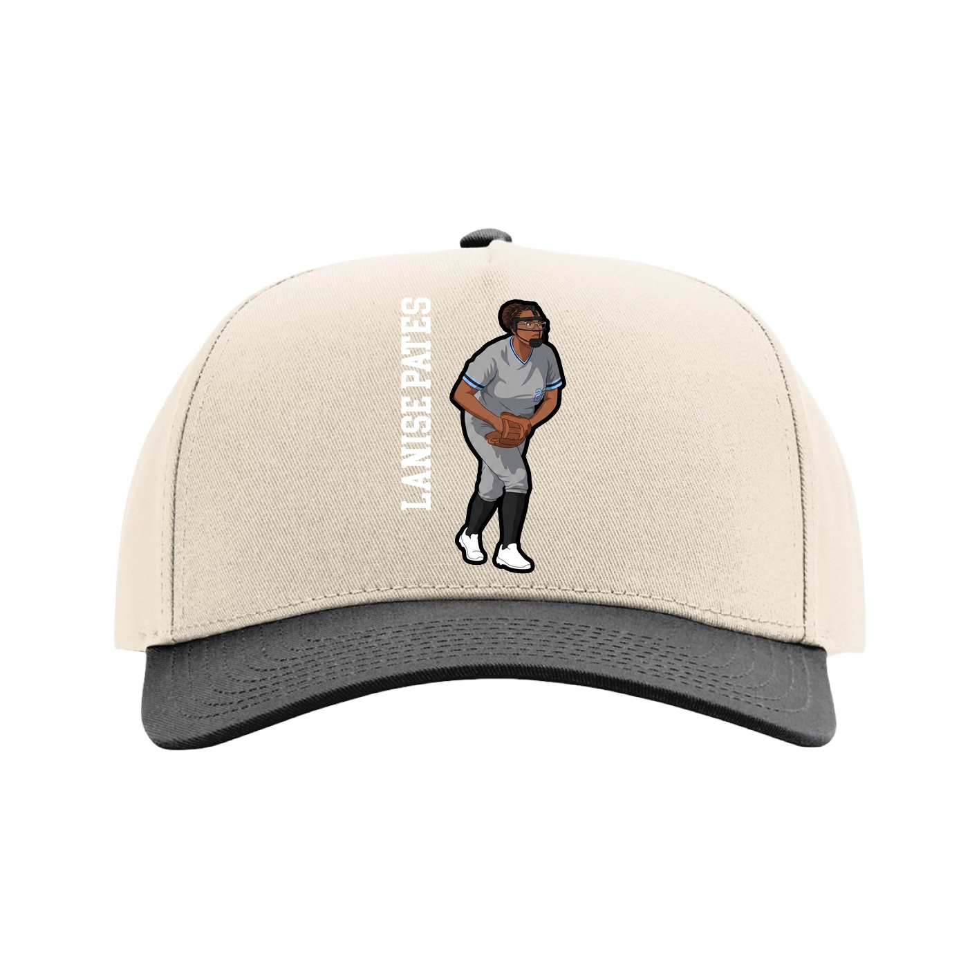 Full Fabric Five-Panel Champ Cap — Name Vertical in Cream/Black