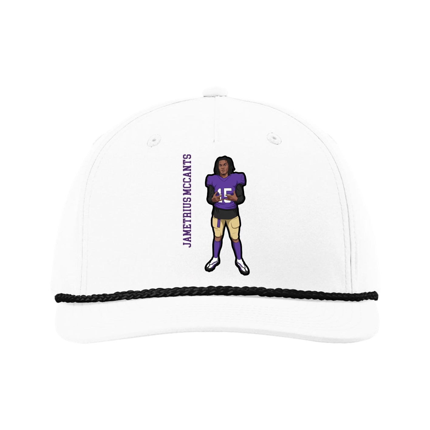 Five-Panel Classic Rope Cap — Name Vertical in White