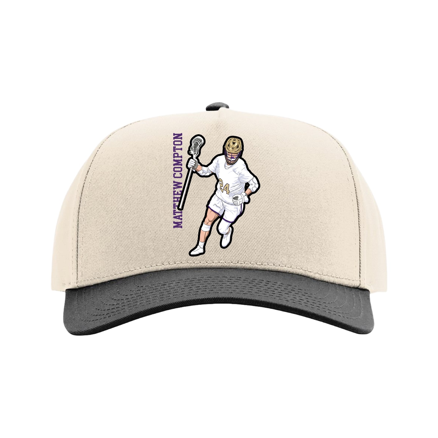 Full Fabric Five-Panel Champ Cap — Name Vertical in Cream/Black
