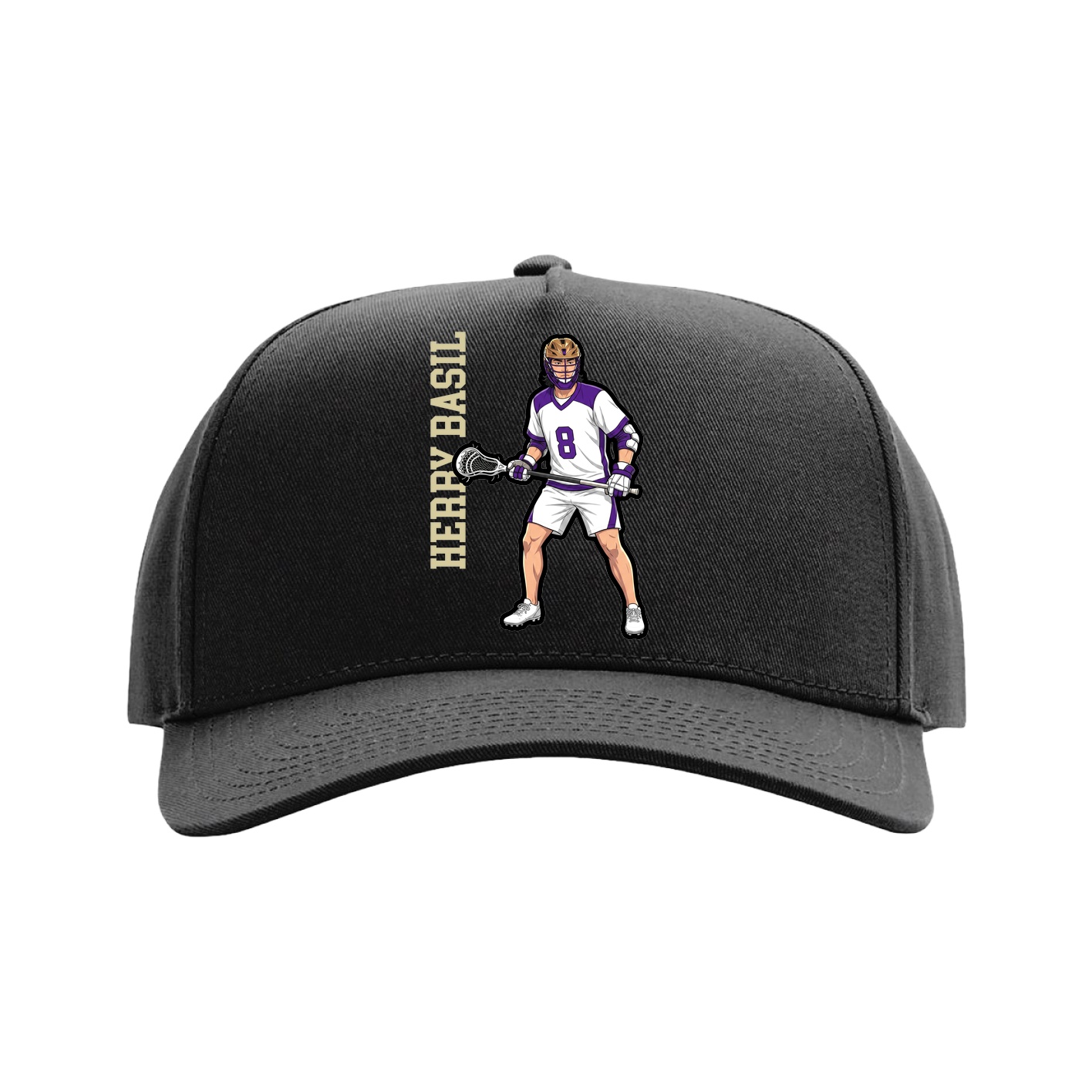 Full Fabric Five-Panel Champ Cap — Name Vertical in Black