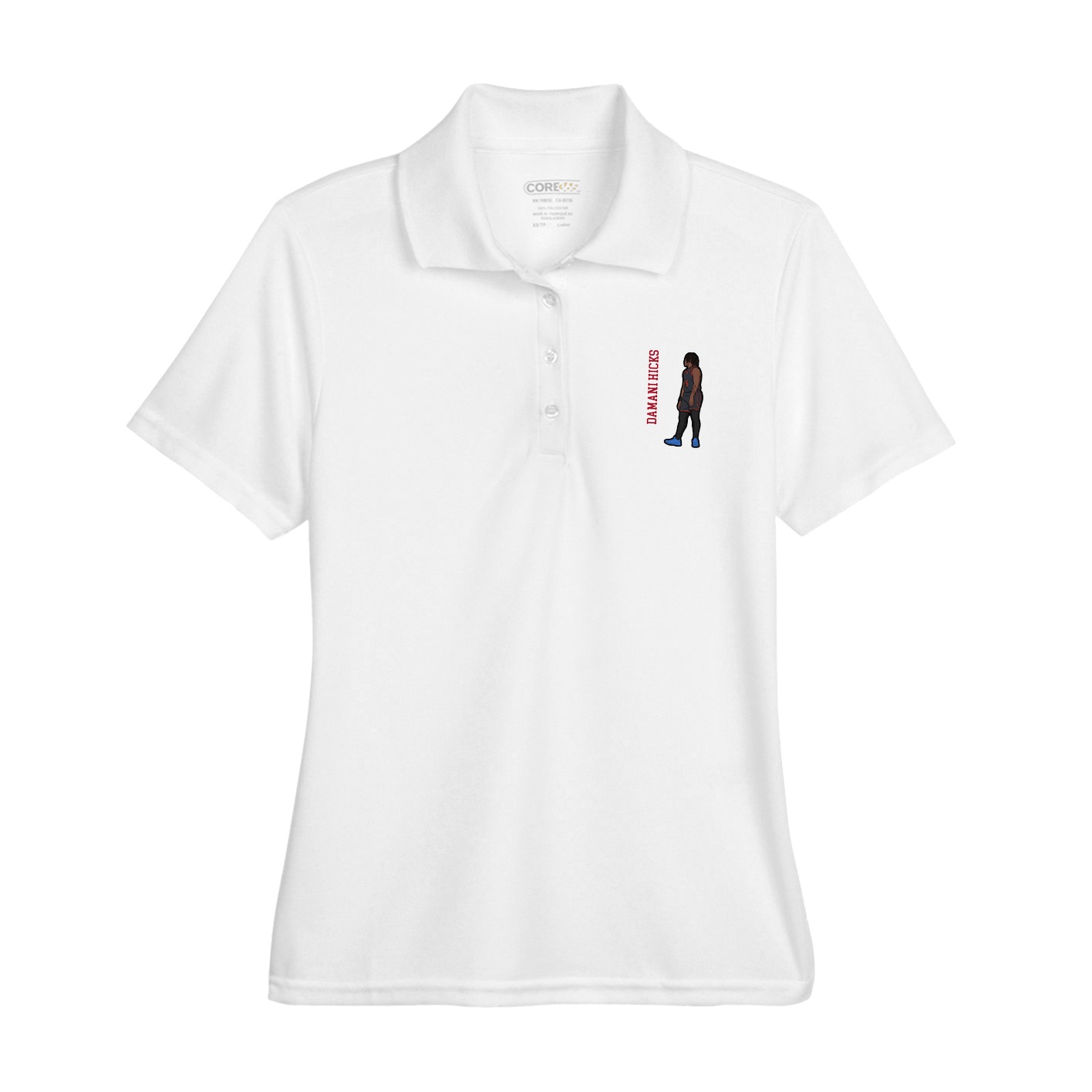 Womens Performance Polo — Name Vertical in White