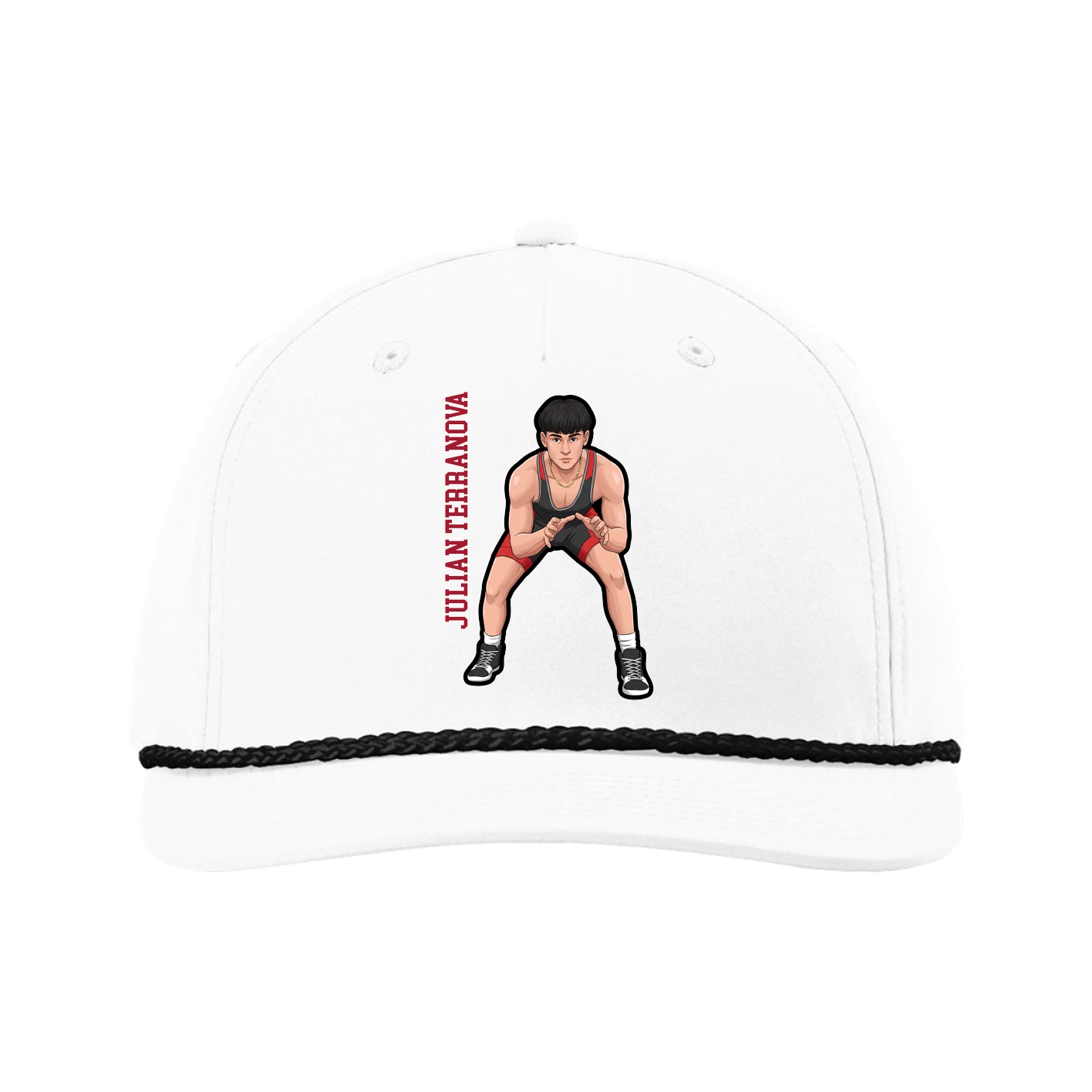 Five-Panel Classic Rope Cap — Name Vertical in White