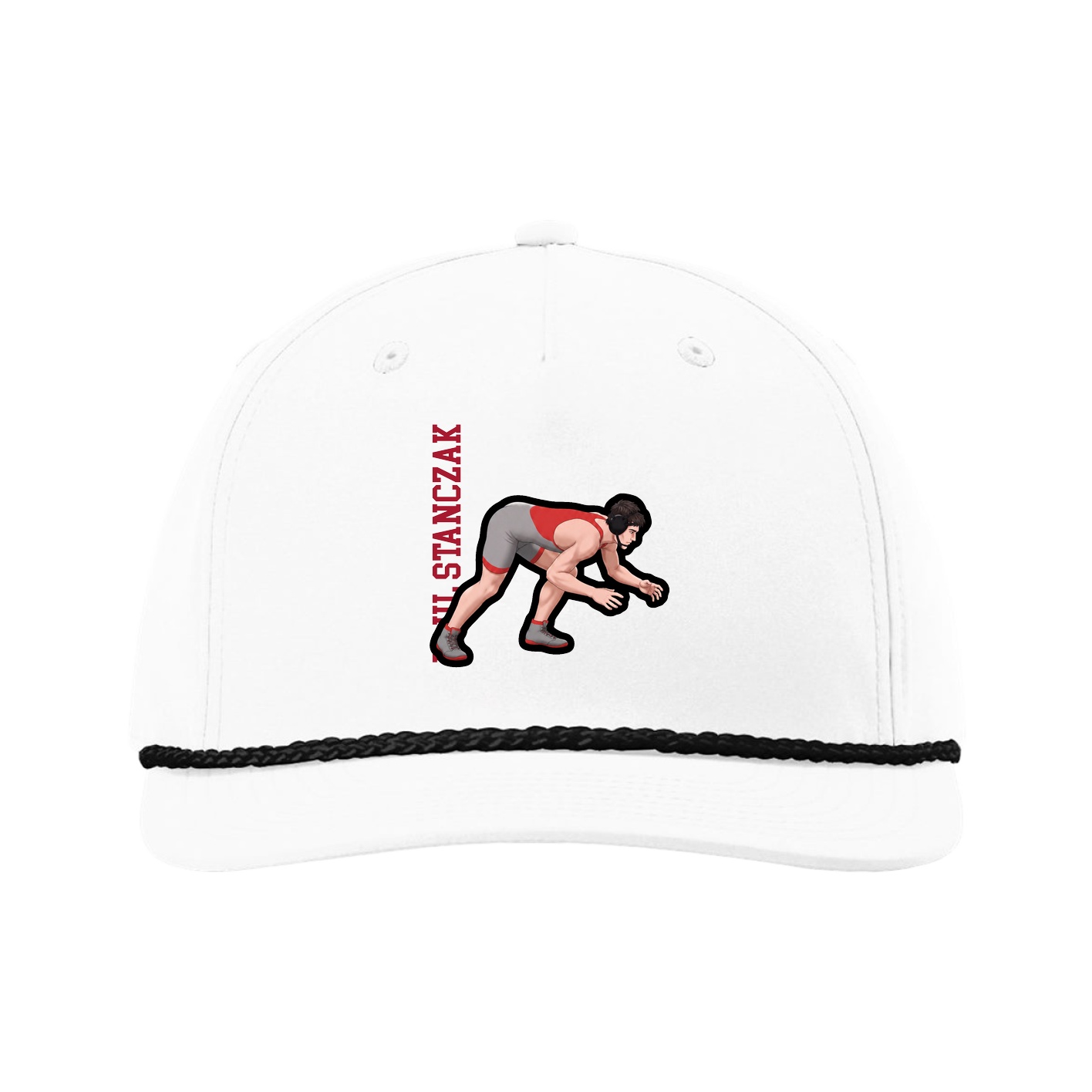 Five-Panel Classic Rope Cap — Name Vertical in White