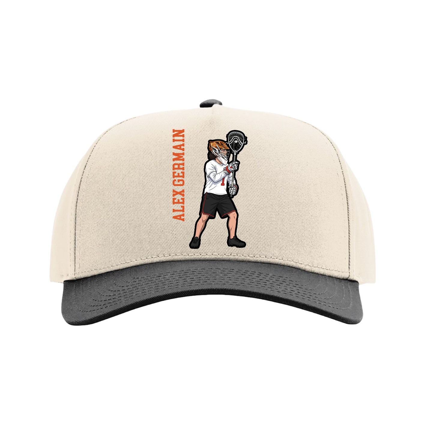 Full Fabric Five-Panel Champ Cap — Name Vertical in Cream/Black