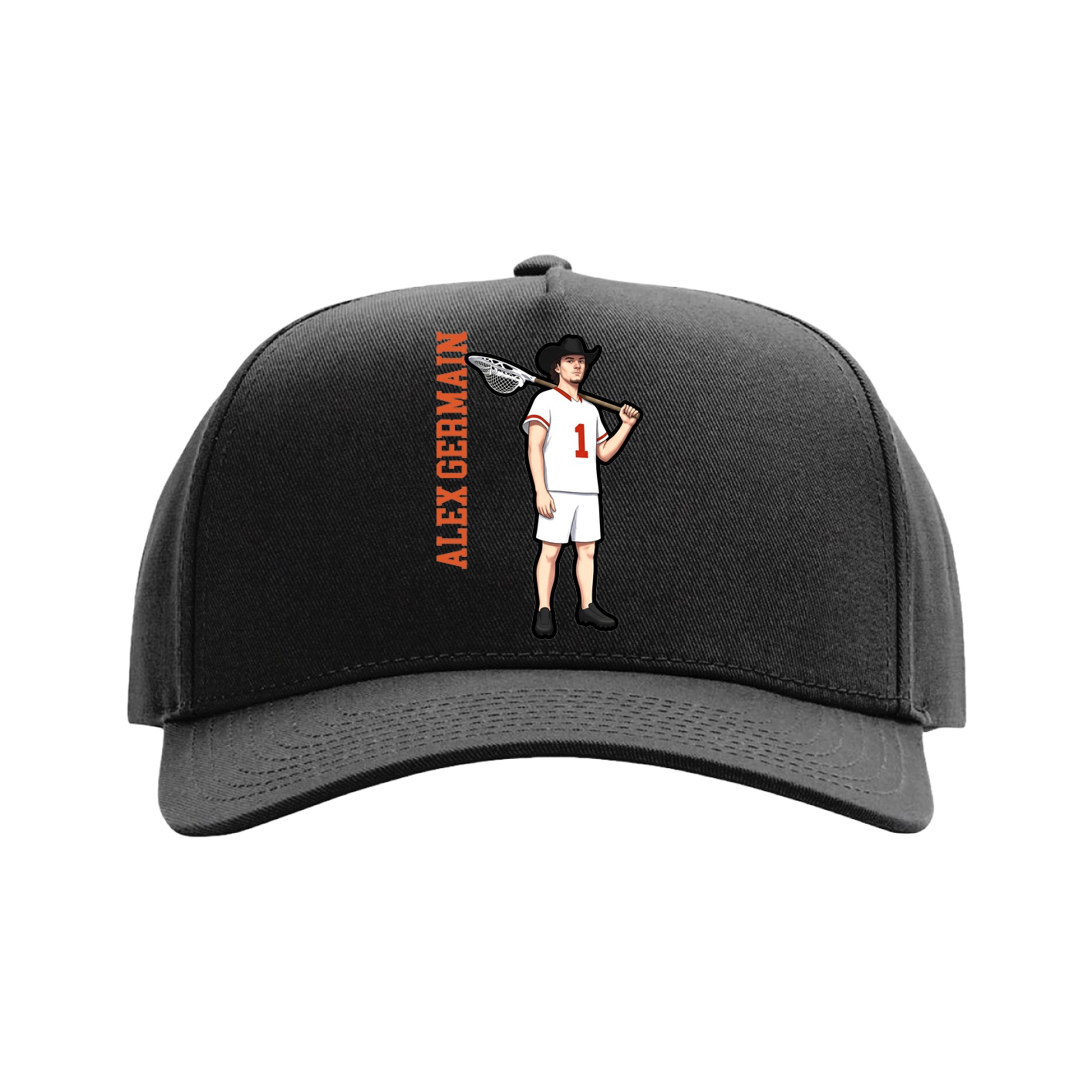 Full Fabric Five-Panel Champ Cap — Name Vertical in Black
