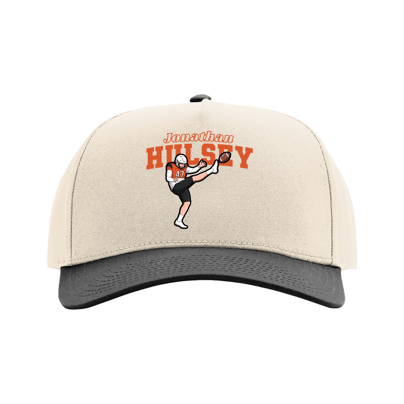 Full Fabric Five-Panel Champ Cap — Name Arch in Cream/Black