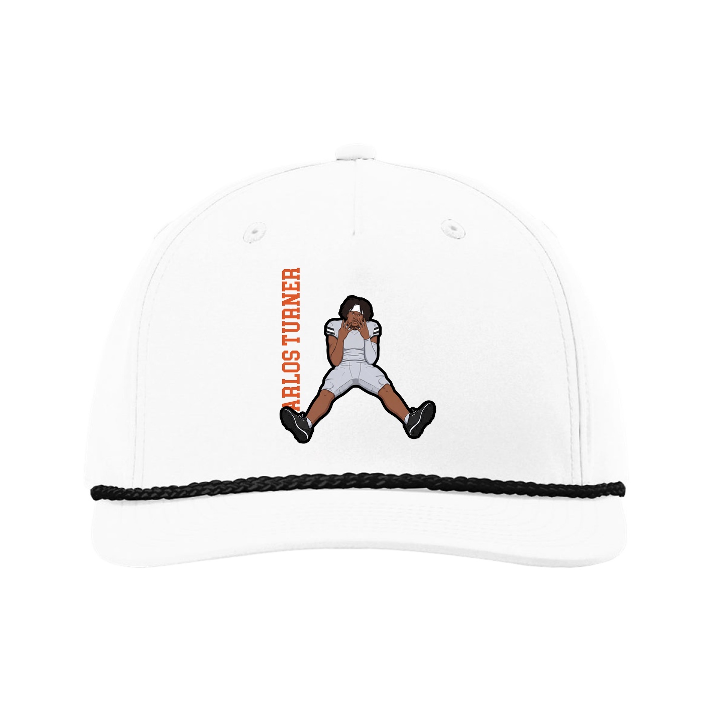 Five-Panel Classic Rope Cap — Name Vertical in White