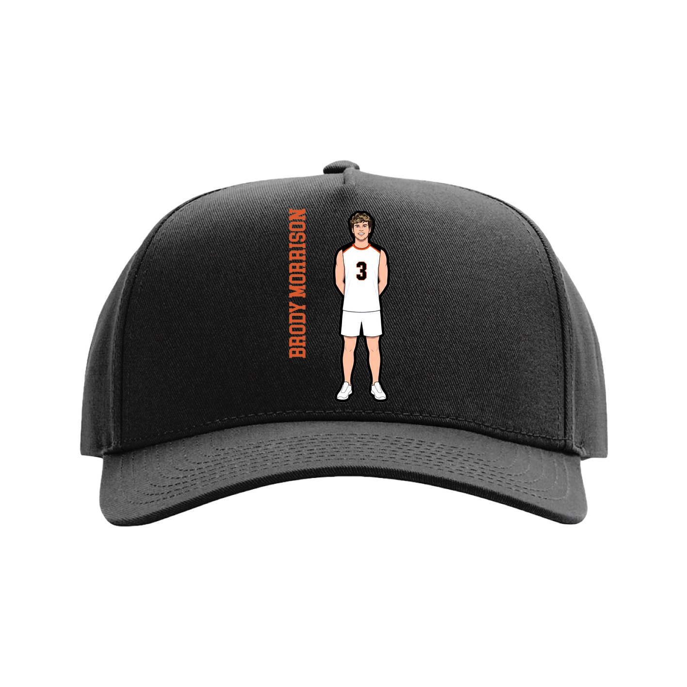 Full Fabric Five-Panel Champ Cap — Name Vertical in Black
