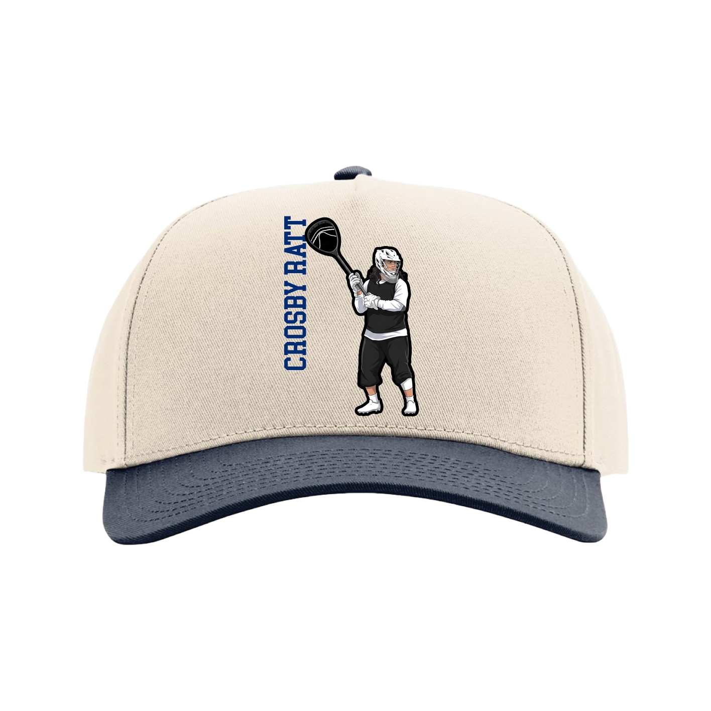 Full Fabric Five-Panel Champ Cap — Name Vertical in Cream/Navy