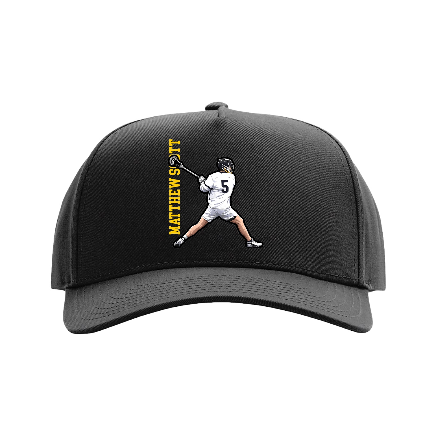 Full Fabric Five-Panel Champ Cap — Name Vertical in Black