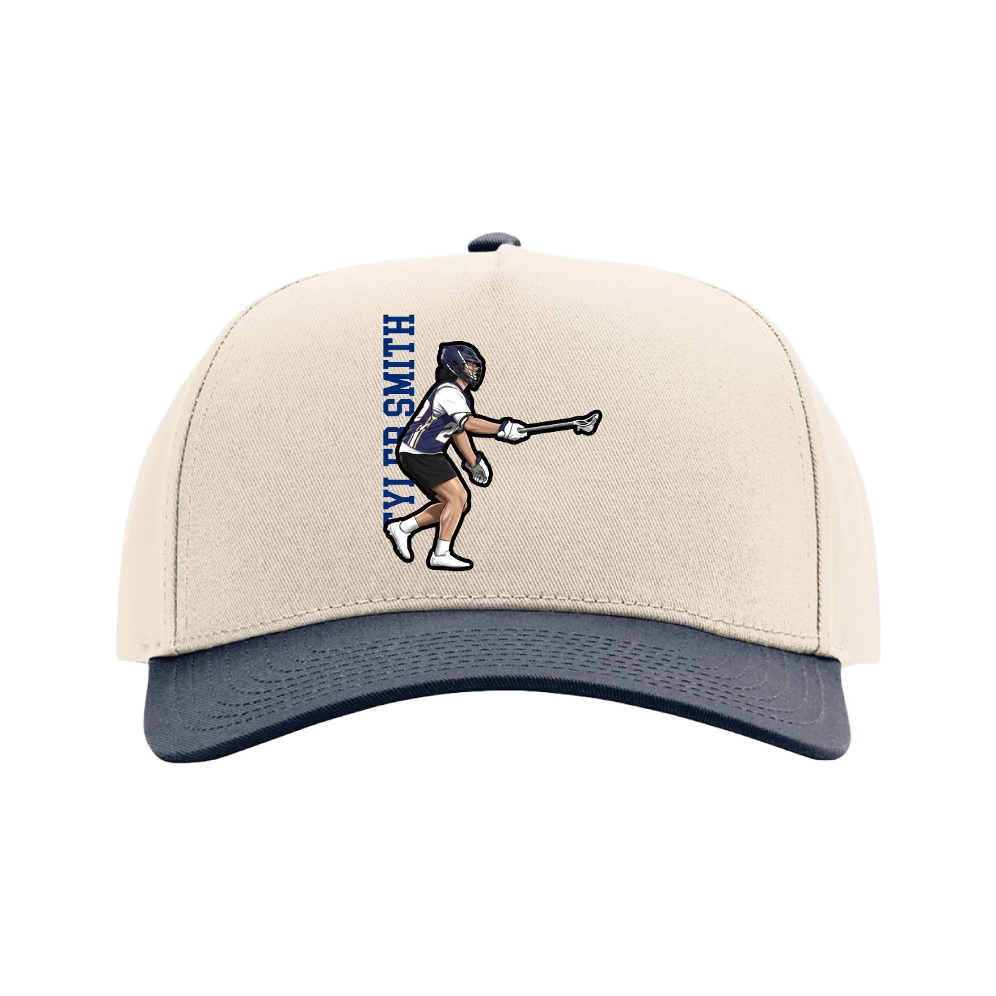 Full Fabric Five-Panel Champ Cap — Name Vertical in Cream/Navy