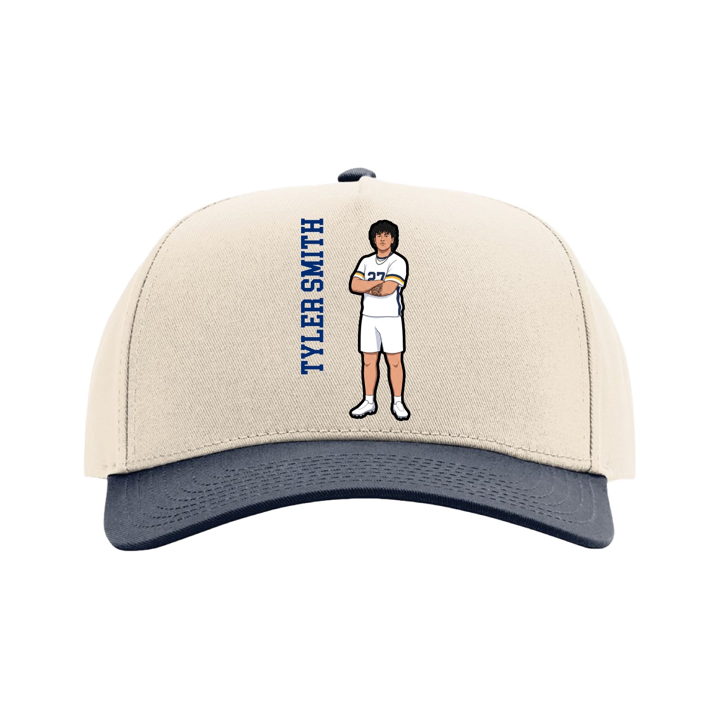 Full Fabric Five-Panel Champ Cap — Name Vertical in Cream/Navy