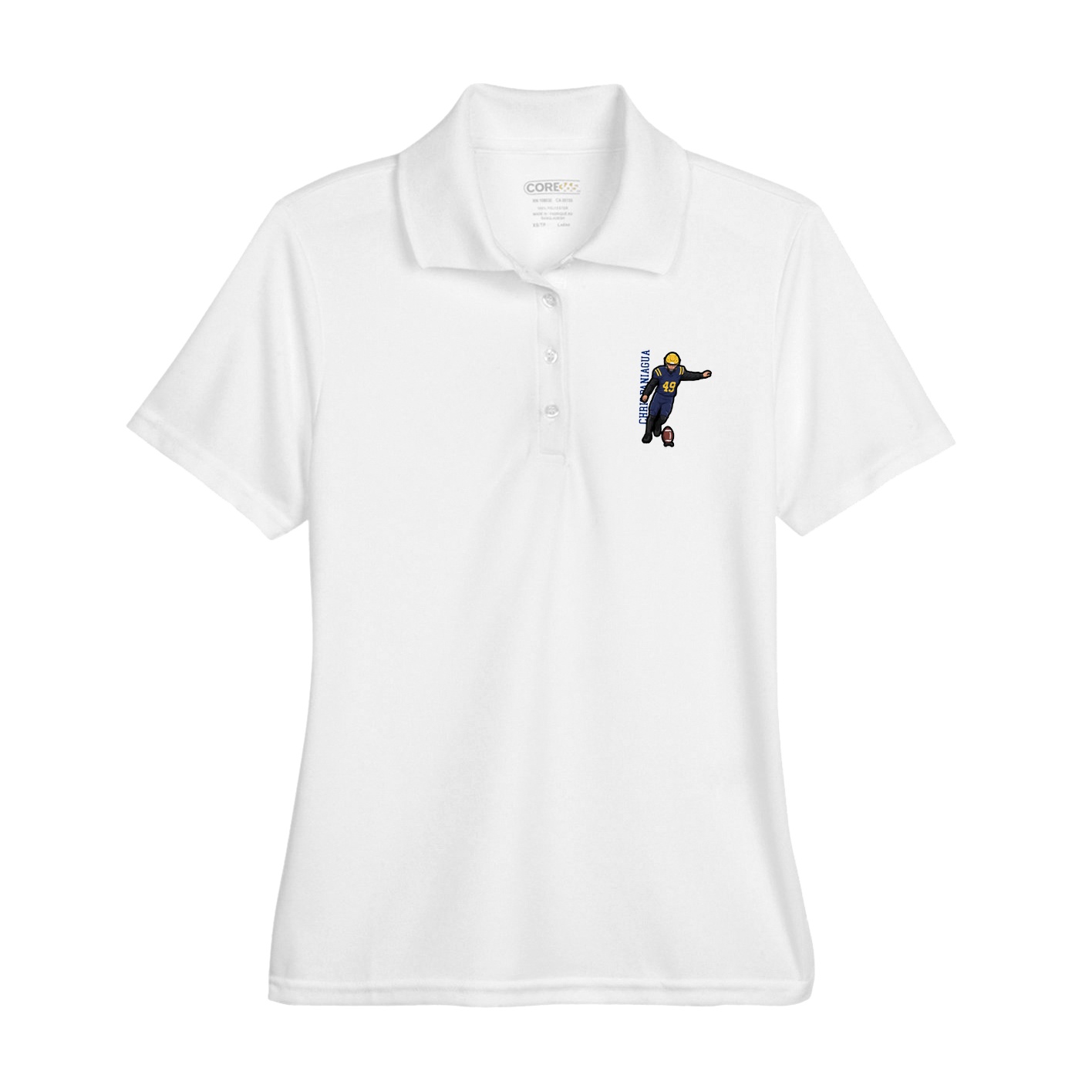 Womens Performance Polo — Name Vertical in White