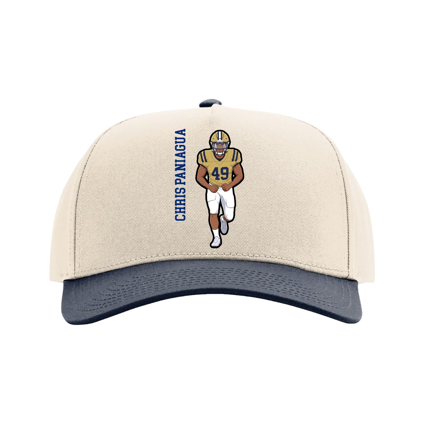 Full Fabric Five-Panel Champ Cap — Name Vertical in Cream/Navy