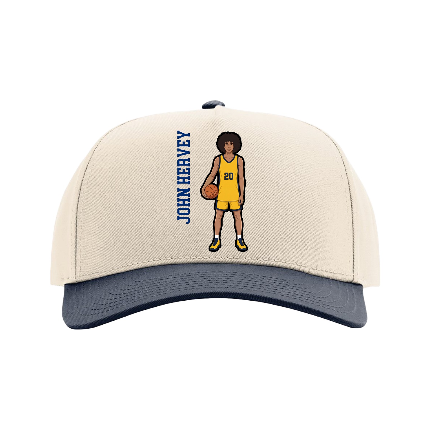Full Fabric Five-Panel Champ Cap — Name Vertical in Cream/Navy