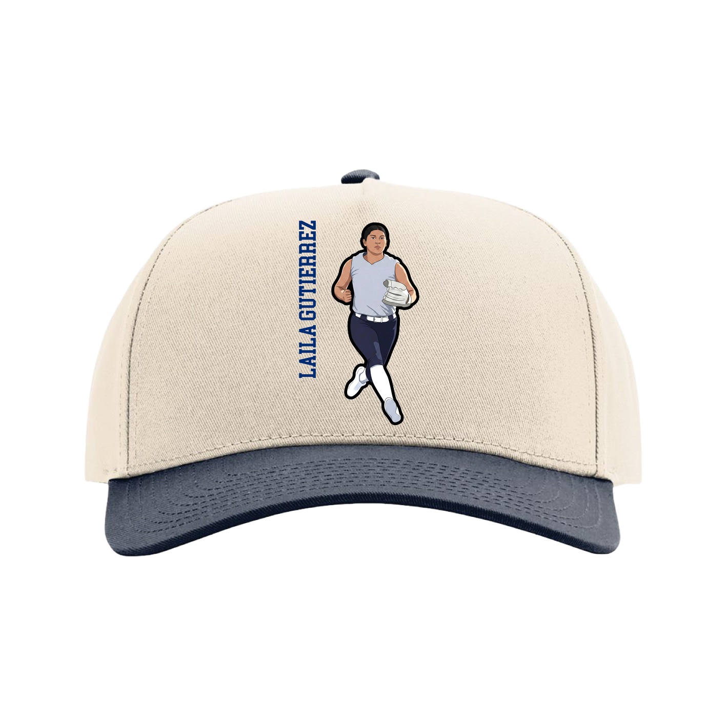Full Fabric Five-Panel Champ Cap — Name Vertical in Cream/Navy