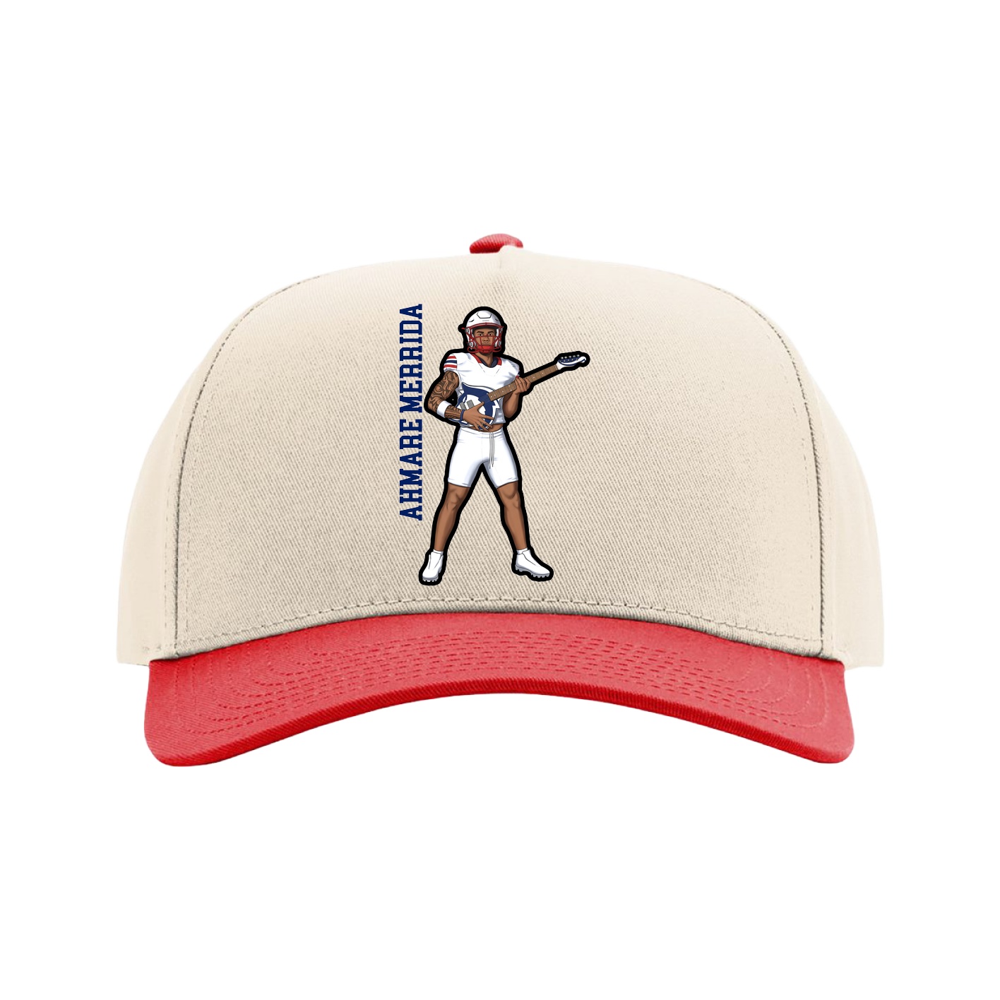 Full Fabric Five-Panel Champ Cap — Name Vertical in Cream/Red