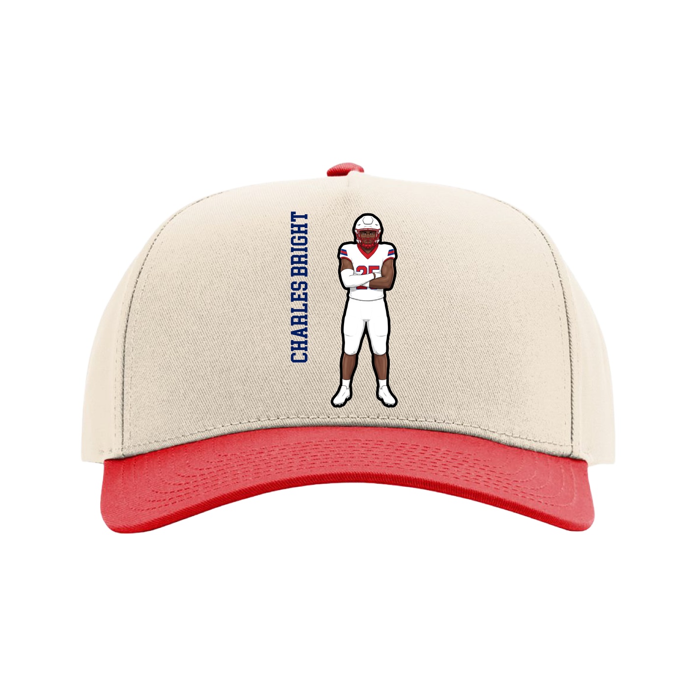 Full Fabric Five-Panel Champ Cap — Name Vertical in Cream/Red