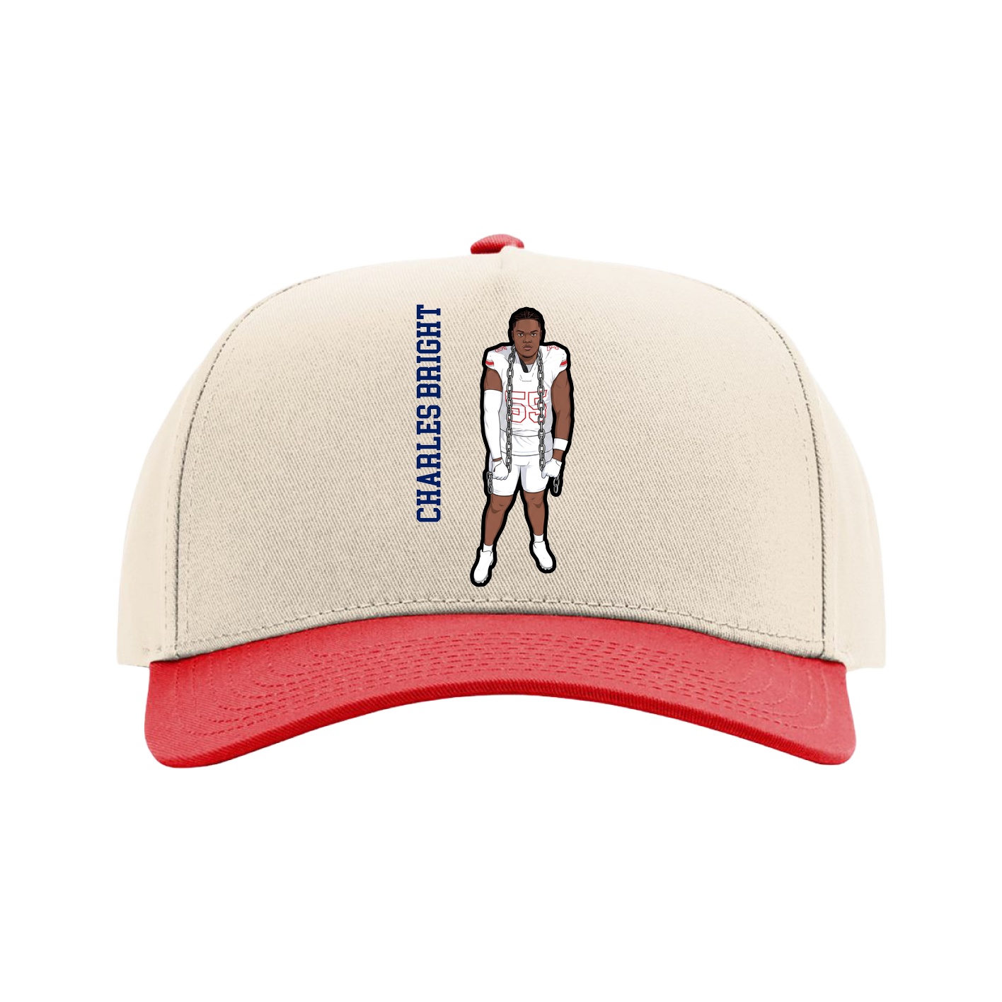 Full Fabric Five-Panel Champ Cap — Name Vertical in Cream/Red