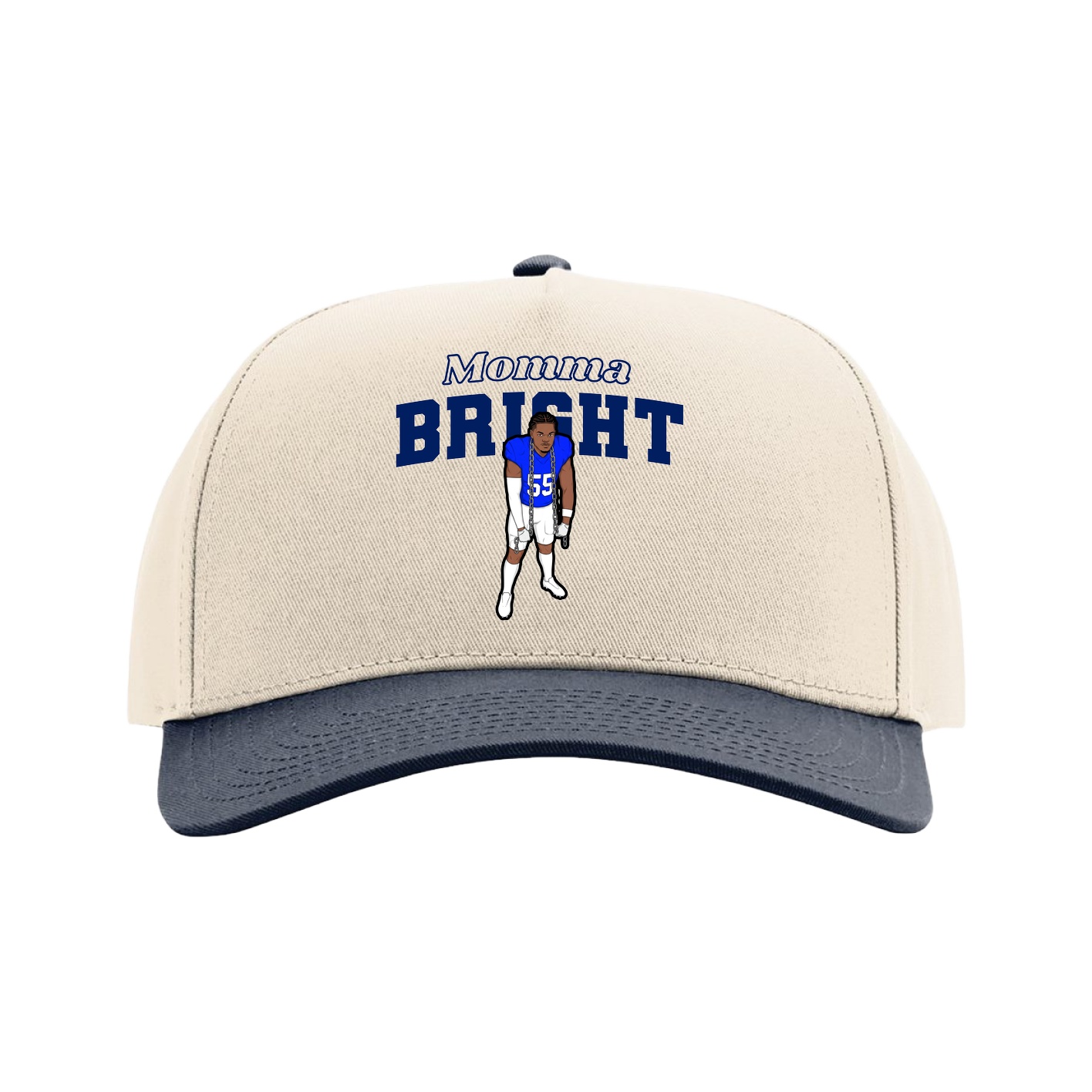 Full Fabric Five-Panel Champ Cap — Mothers Day Block in Cream/Navy