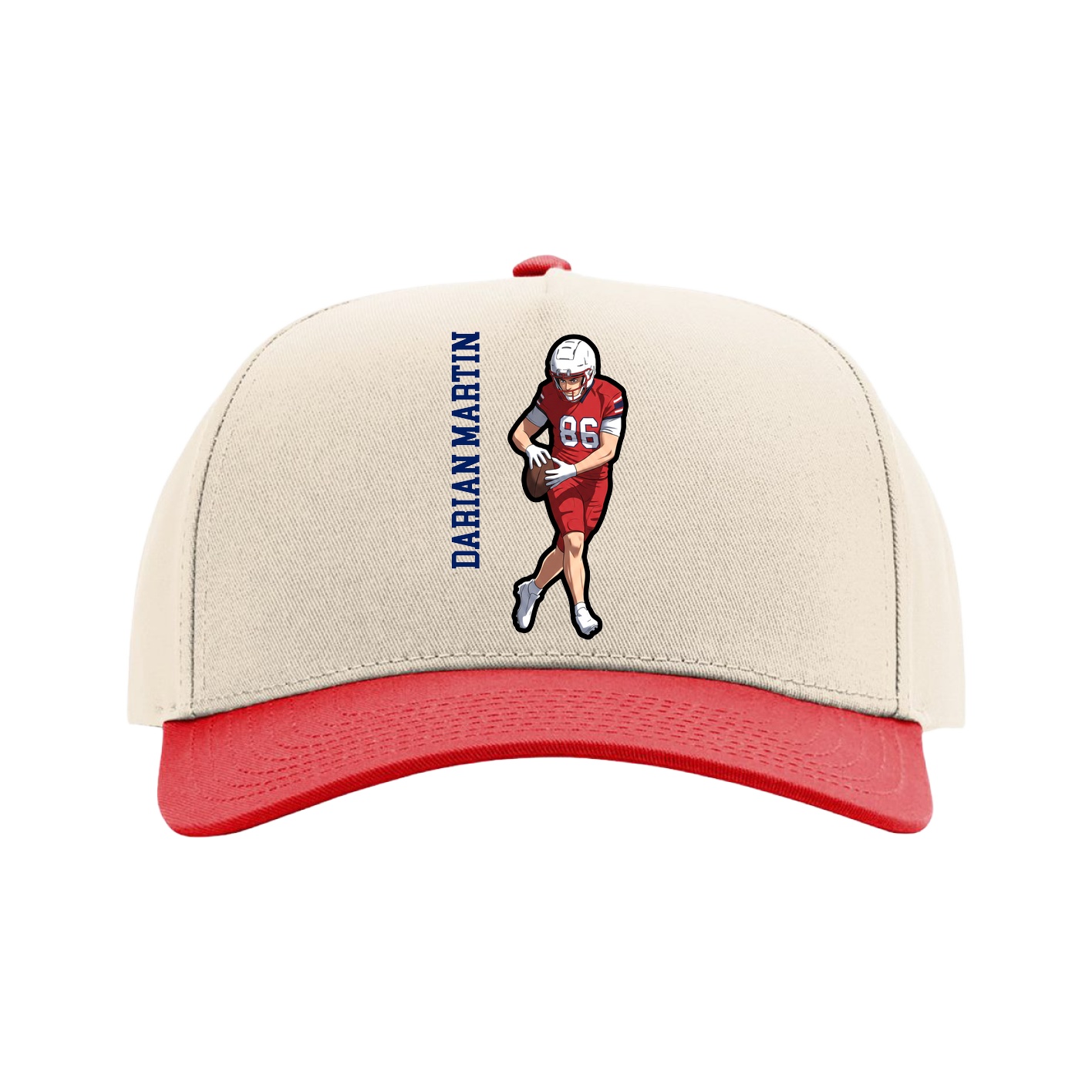 Full Fabric Five-Panel Champ Cap — Name Vertical in Cream/Red