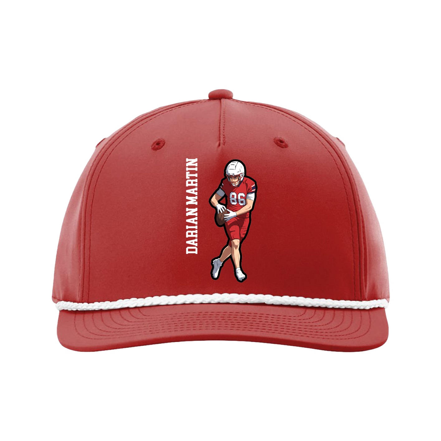 Five-Panel Classic Rope Cap — Name Vertical in Red
