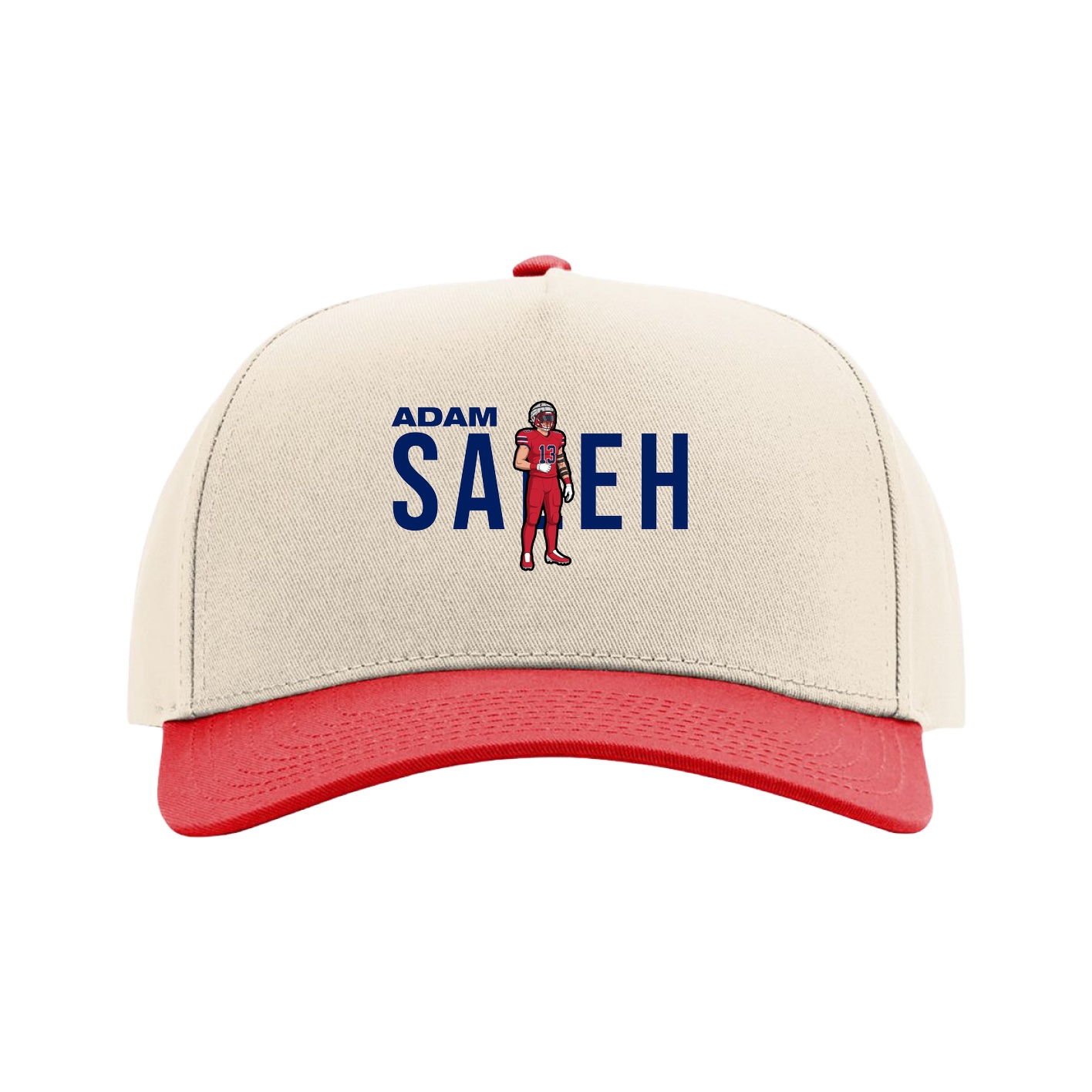 Full Fabric Five-Panel Champ Cap — Player Name in Cream/Red