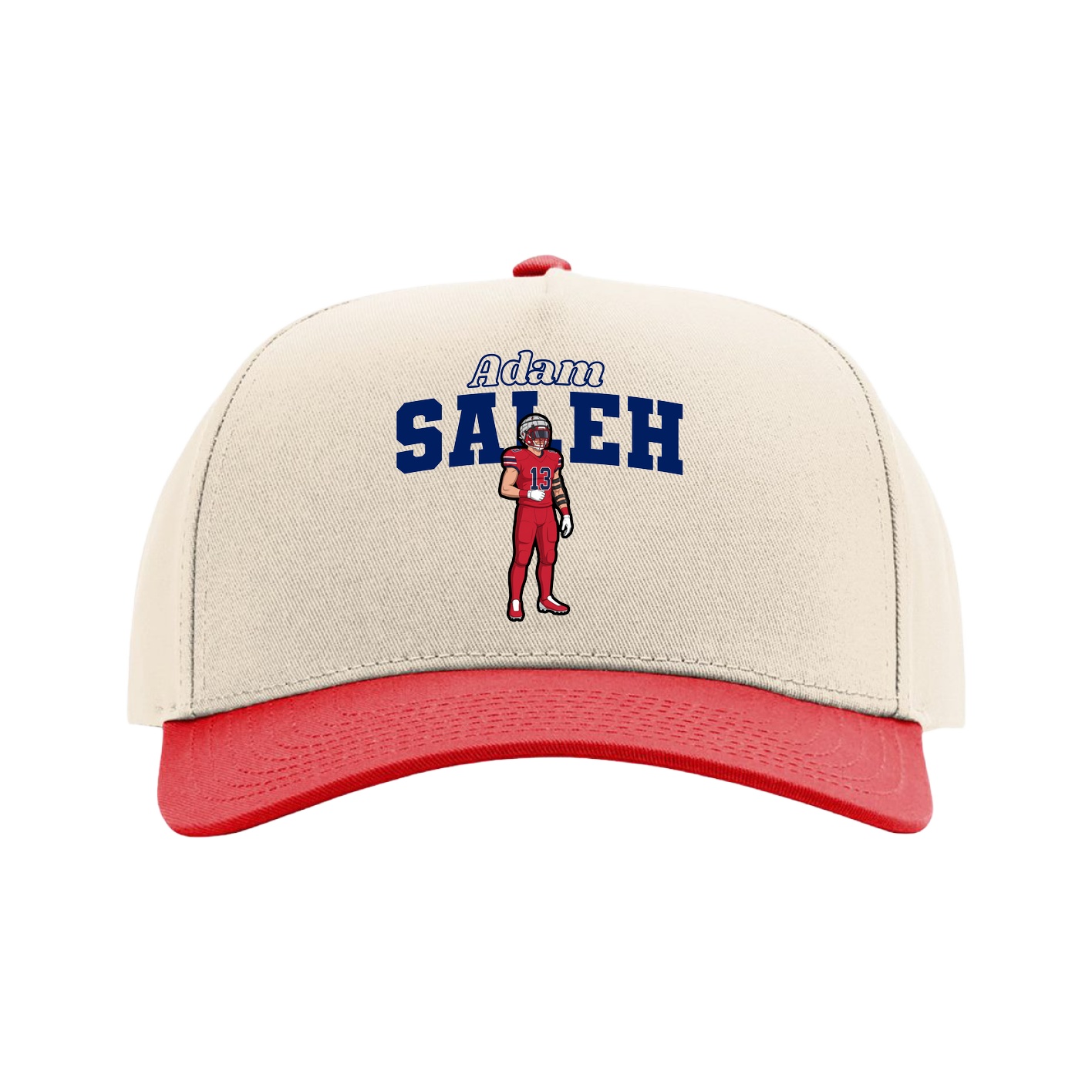 Full Fabric Five-Panel Champ Cap — Name Arch in Cream/Red