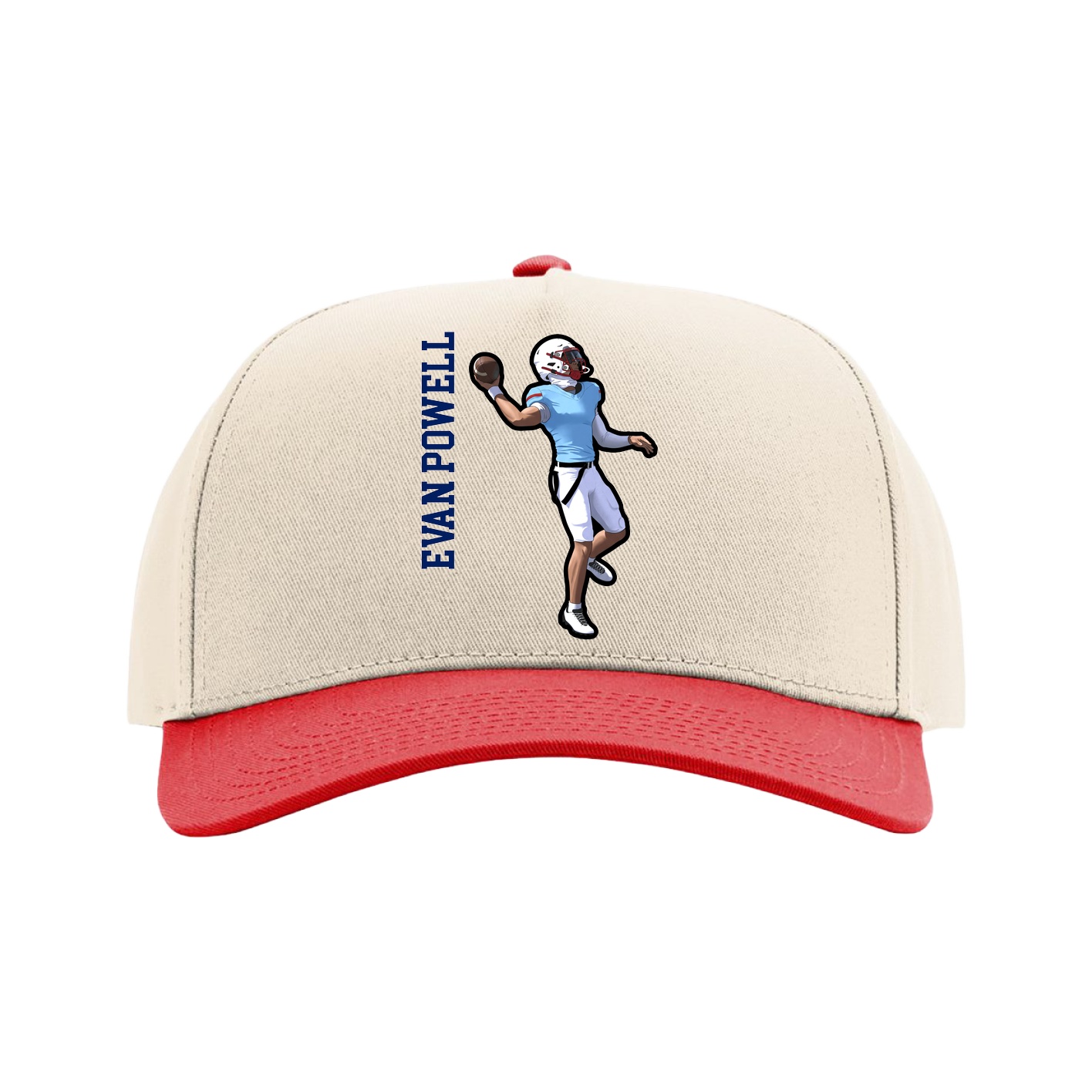 Full Fabric Five-Panel Champ Cap — Name Vertical in Cream/Red