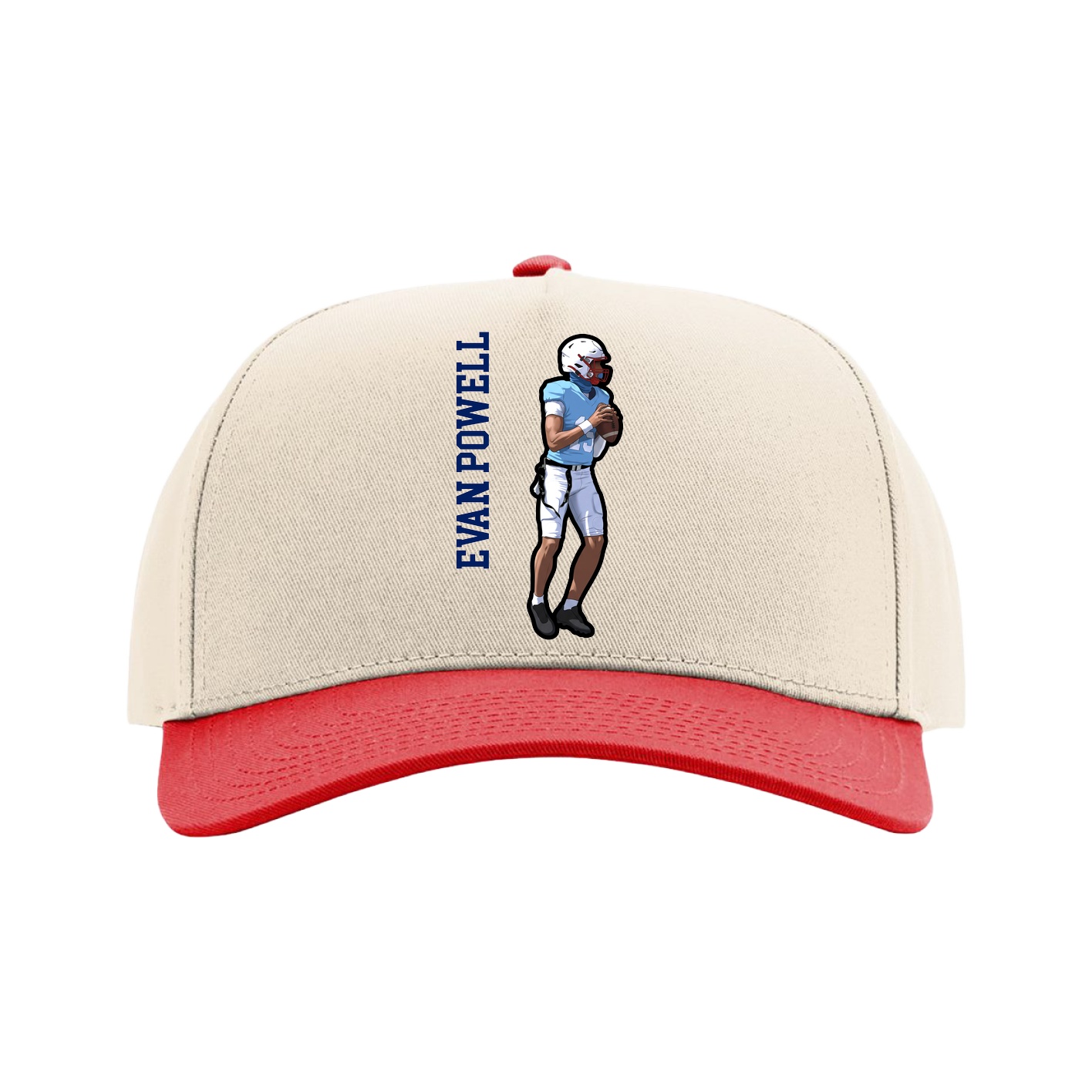 Full Fabric Five-Panel Champ Cap — Name Vertical in Cream/Red