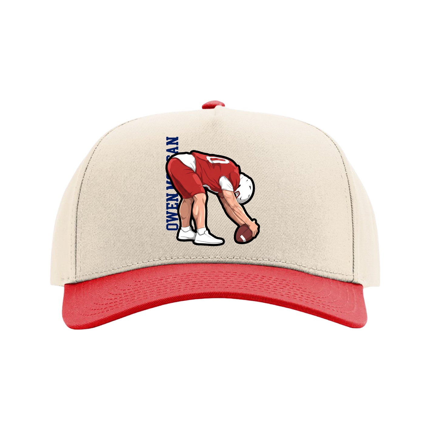 Full Fabric Five-Panel Champ Cap — Name Vertical in Cream/Red