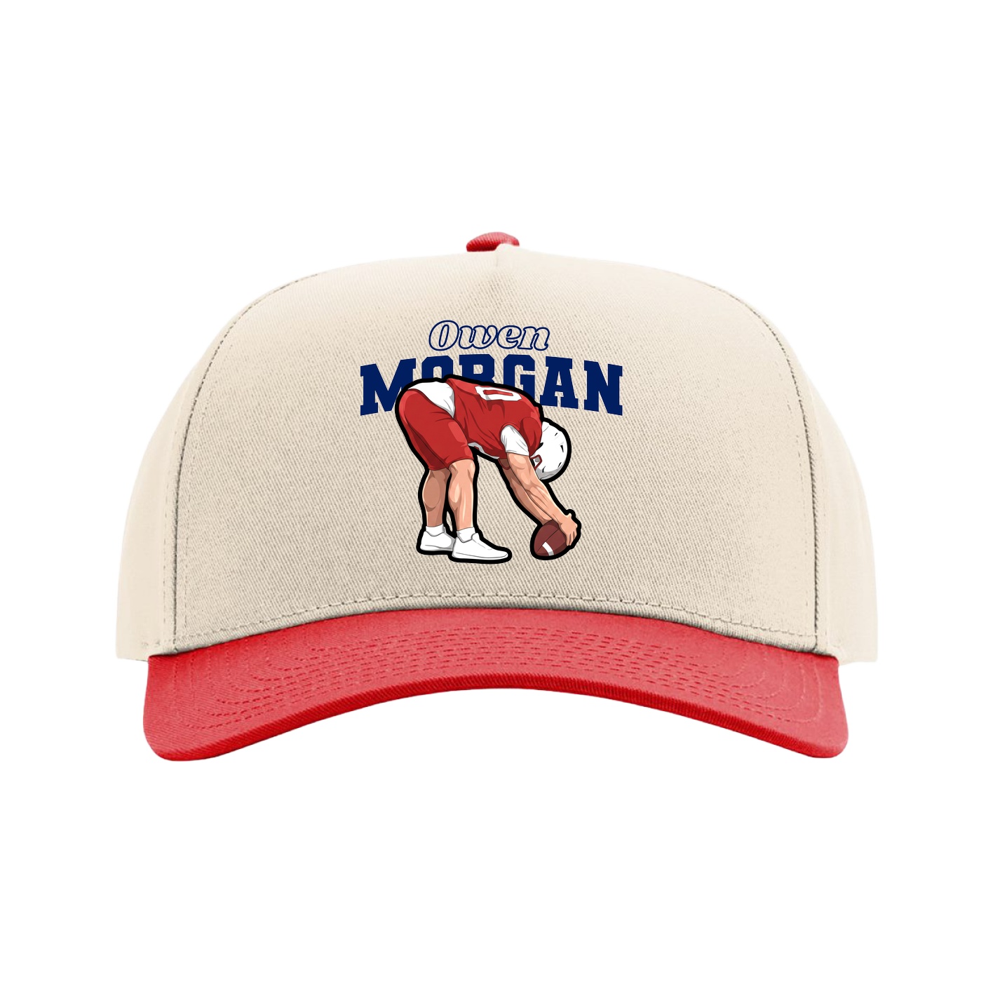 Full Fabric Five-Panel Champ Cap — Name Arch in Cream/Red