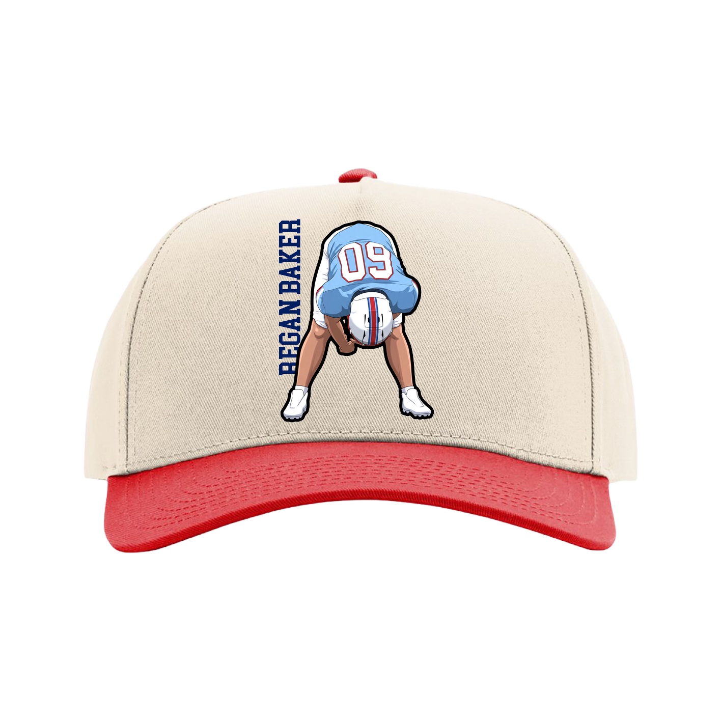 Full Fabric Five-Panel Champ Cap — Name Vertical in Cream/Red