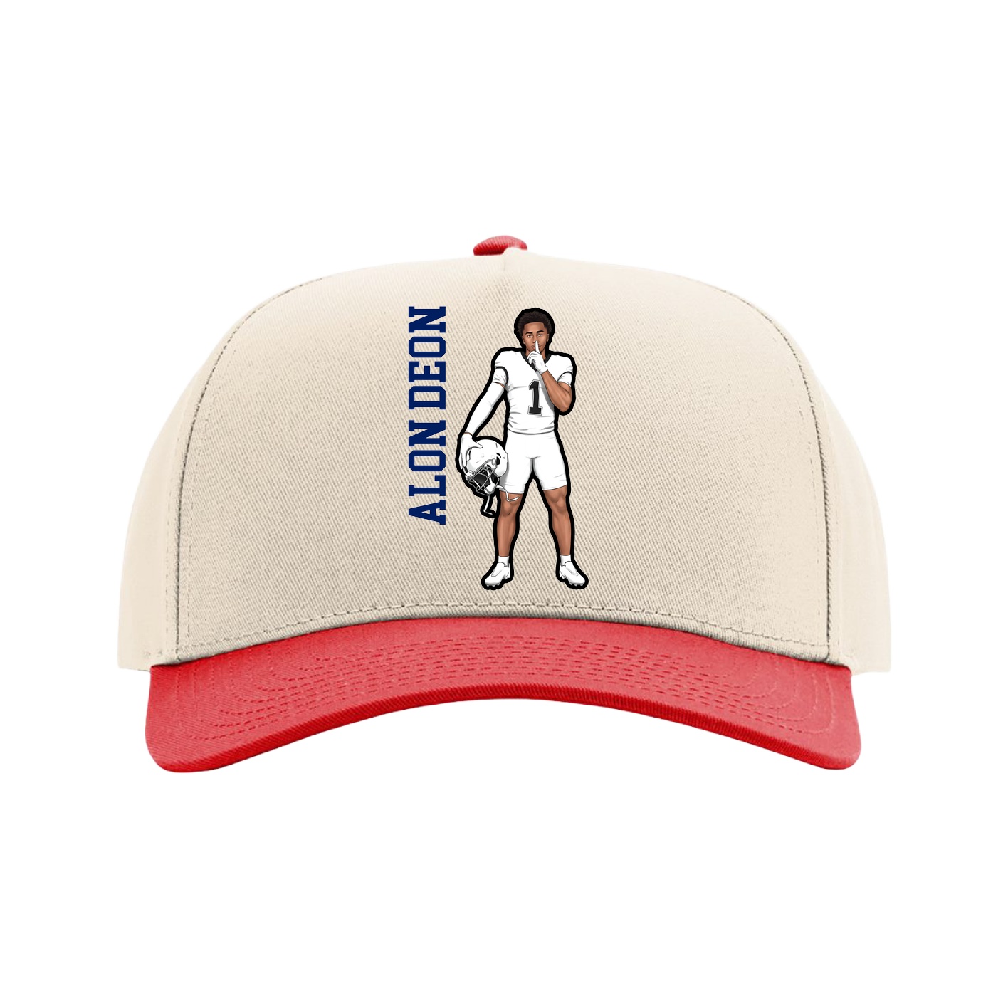 Full Fabric Five-Panel Champ Cap — Name Vertical in Cream/Red