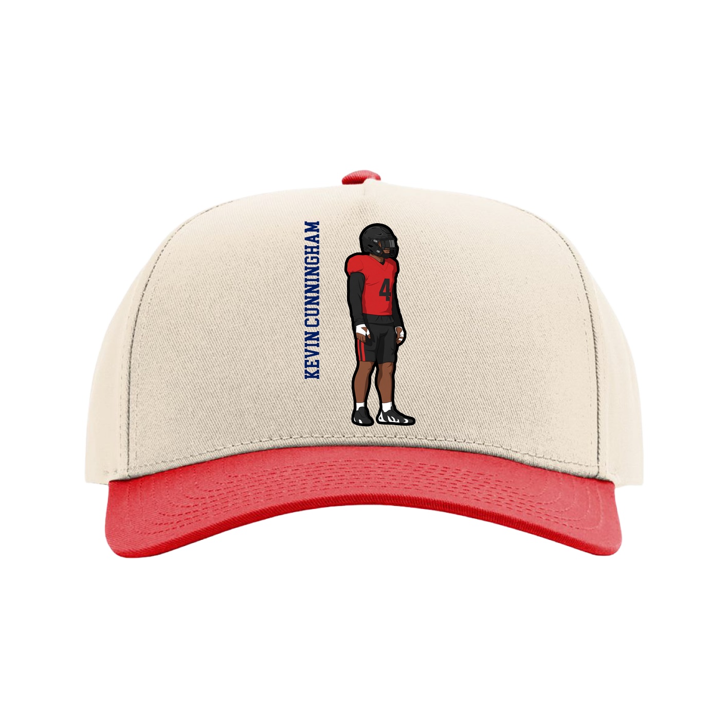 Full Fabric Five-Panel Champ Cap — Name Vertical in Cream/Red