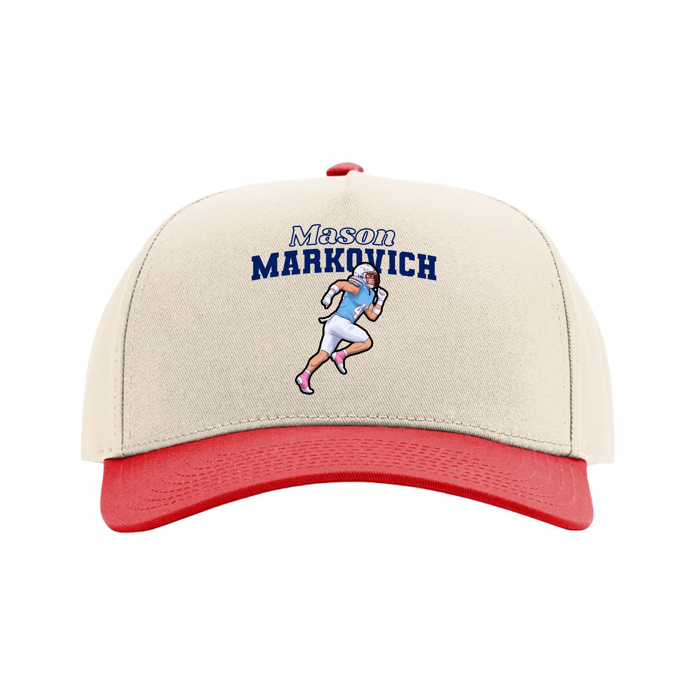 Full Fabric Five-Panel Champ Cap — Name Arch in Cream/Red