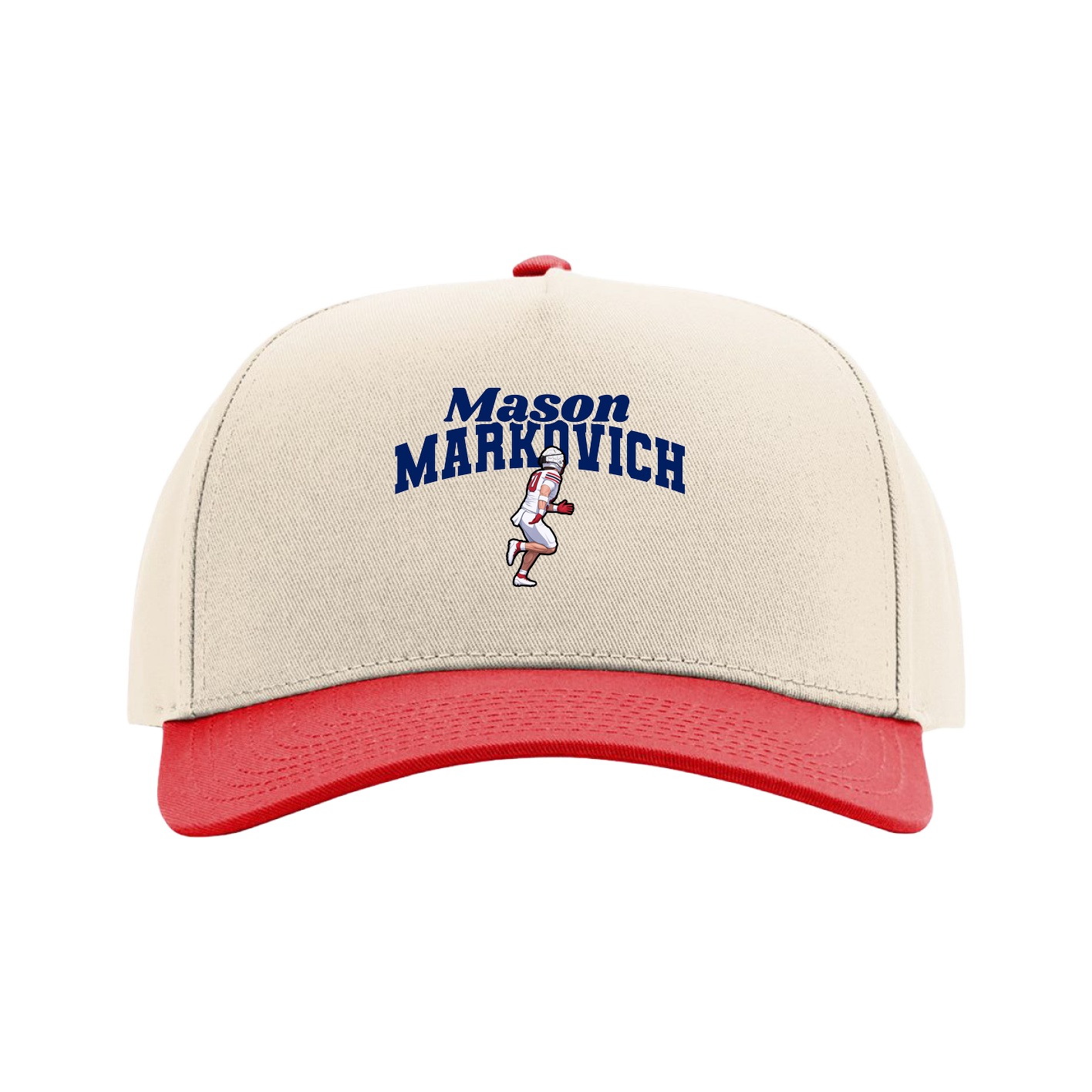 Full Fabric Five-Panel Champ Cap — Signature Arch in Cream/Red