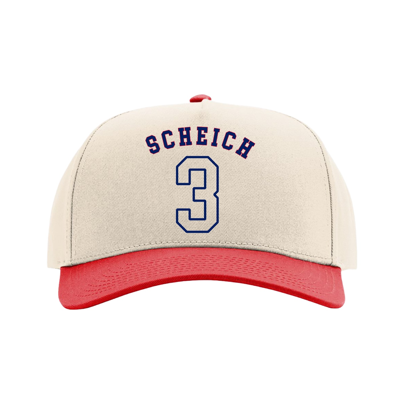 Full Fabric Five-Panel Champ Cap — Shirsey Arch in Cream/Red
