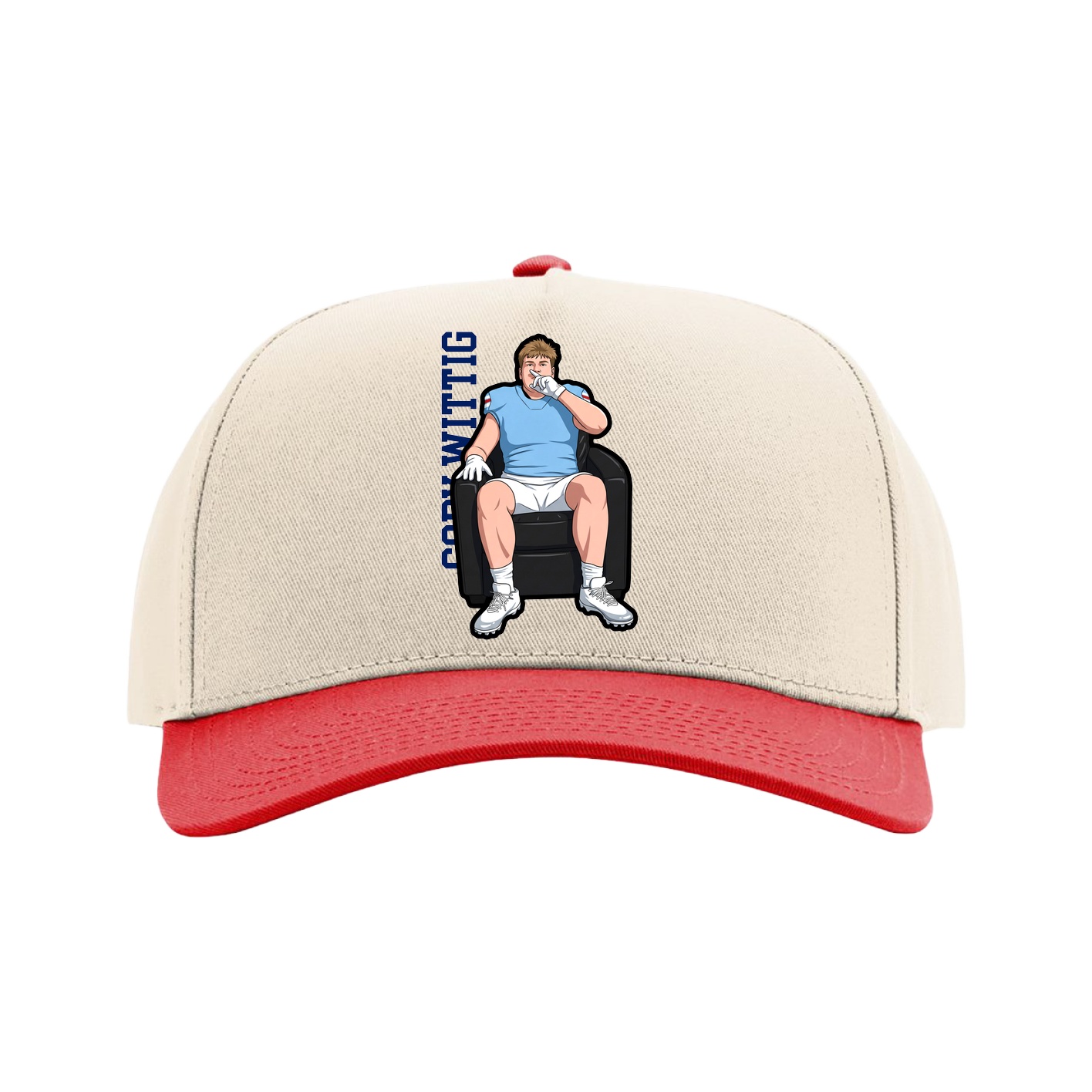Full Fabric Five-Panel Champ Cap — Name Vertical in Cream/Red