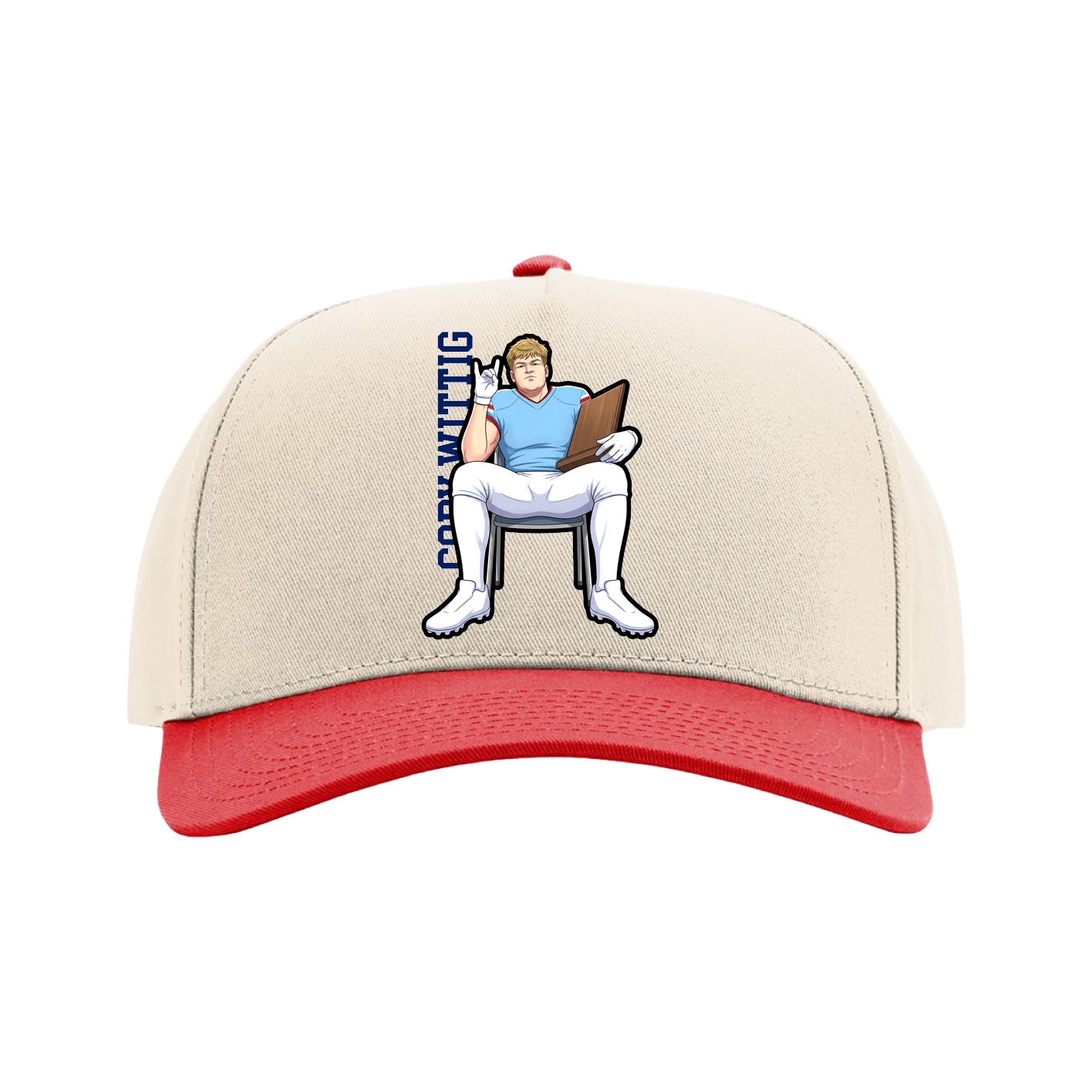 Full Fabric Five-Panel Champ Cap — Name Vertical in Cream/Red
