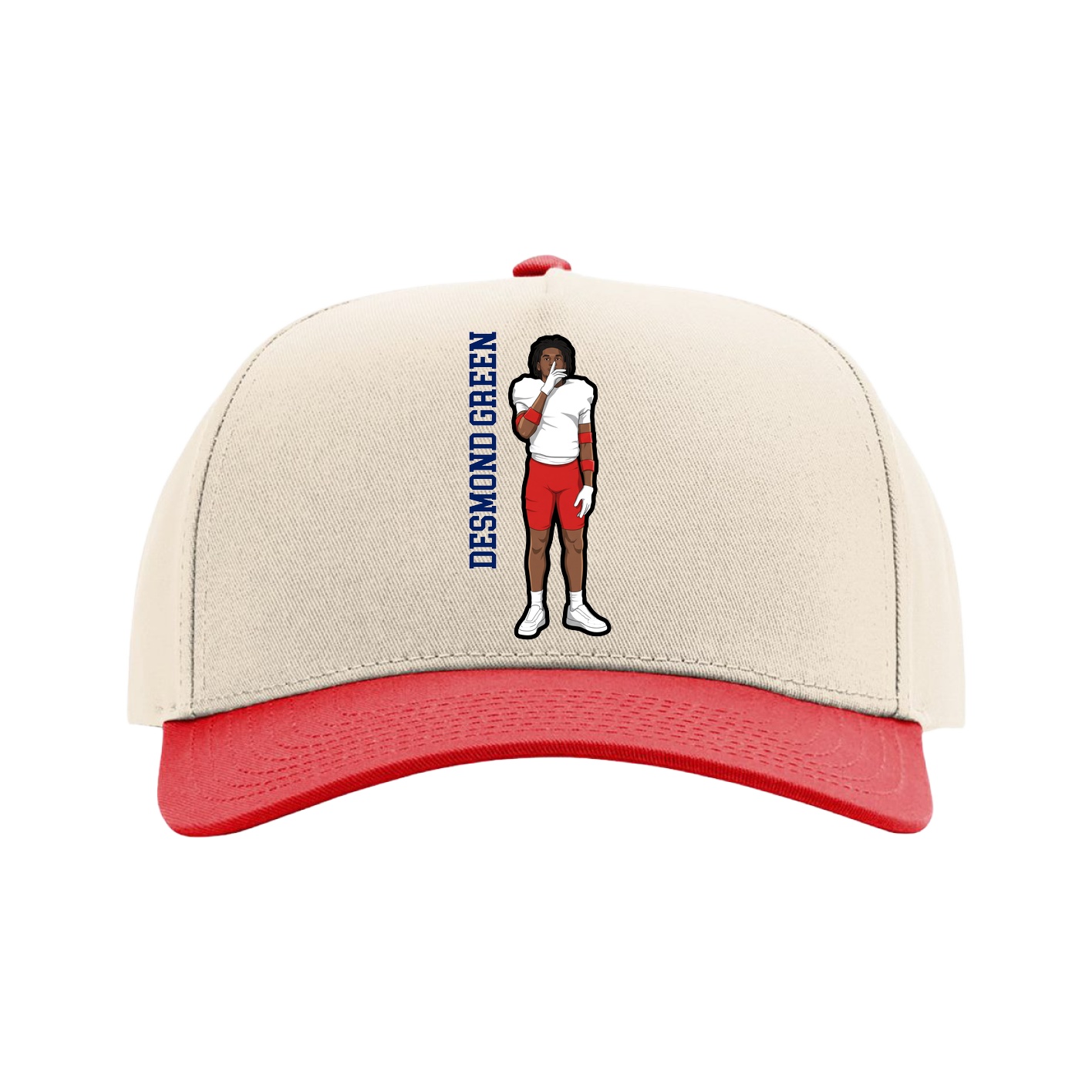 Full Fabric Five-Panel Champ Cap — Name Vertical in Cream/Red