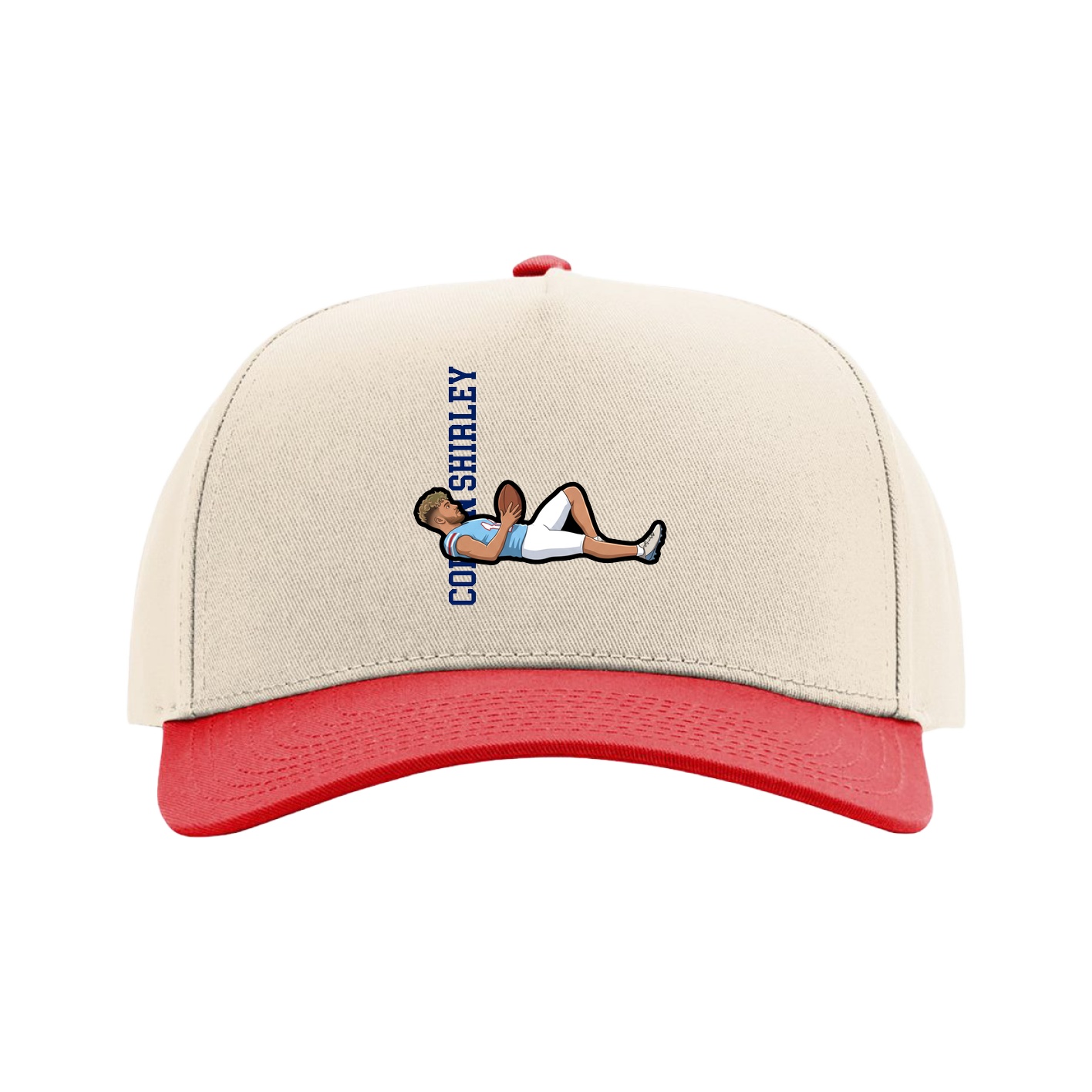 Full Fabric Five-Panel Champ Cap — Name Vertical in Cream/Red