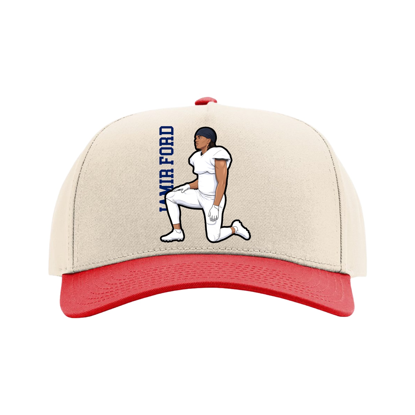 Full Fabric Five-Panel Champ Cap — Name Vertical in Cream/Red