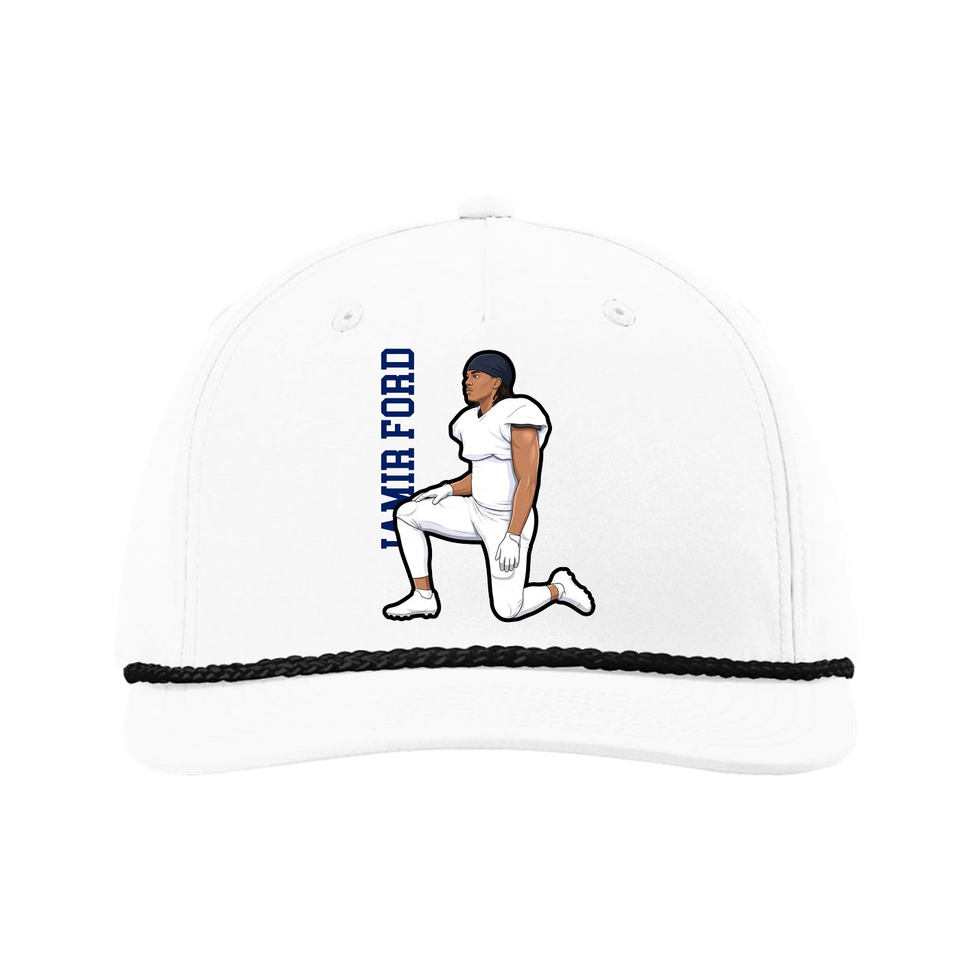 Five-Panel Classic Rope Cap — Name Vertical in White